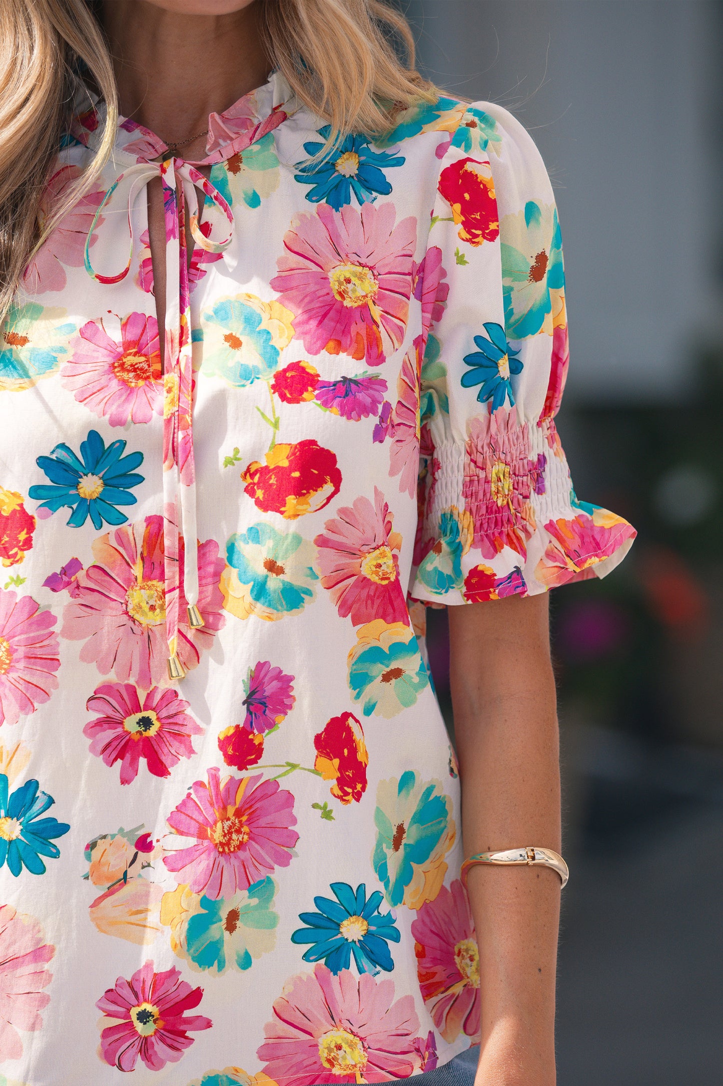 Beige Vibrant Summer Floral Tie V Neck Short Puff Sleeve Blouse-Tops/Blouses & Shirts-[Adult]-[Female]-2022 Online Blue Zone Planet