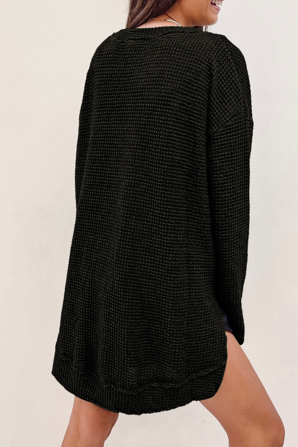 Black Waffle Knit High Slits Oversized Top-Tops/Long Sleeve Tops-[Adult]-[Female]-2022 Online Blue Zone Planet