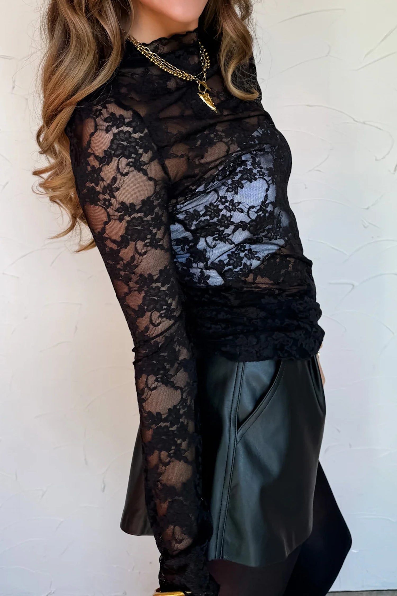 Black Sheer Floral Lace Lettuce Trim Mock Neck Long Sleeve Top-Tops/Long Sleeve Tops-[Adult]-[Female]-2022 Online Blue Zone Planet
