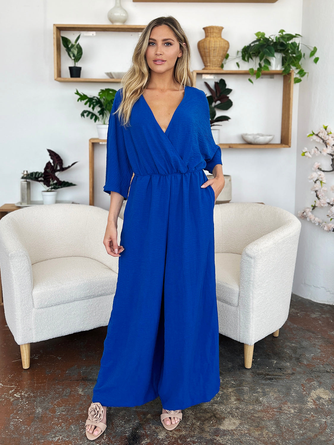 Double Take Full Size Surplice Wide Leg Jumpsuit with Pockets-TOPS / DRESSES-[Adult]-[Female]-2022 Online Blue Zone Planet