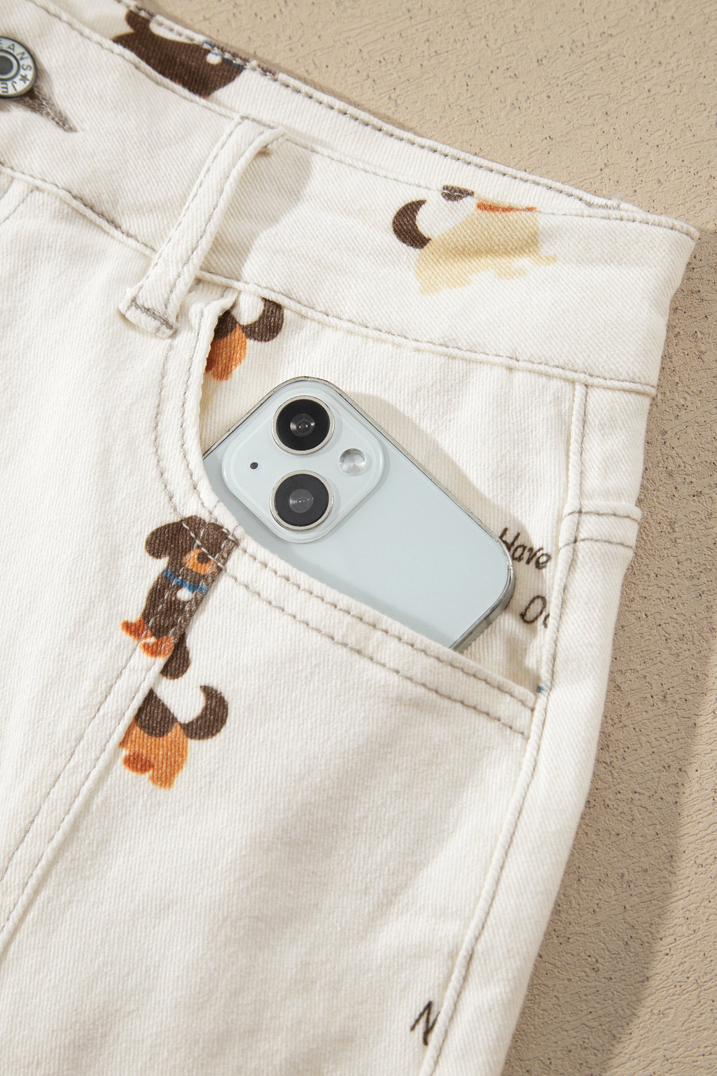 White Abstract Dog Print Wide Leg Full-Length Jeans-Bottoms/Jeans-[Adult]-[Female]-2022 Online Blue Zone Planet