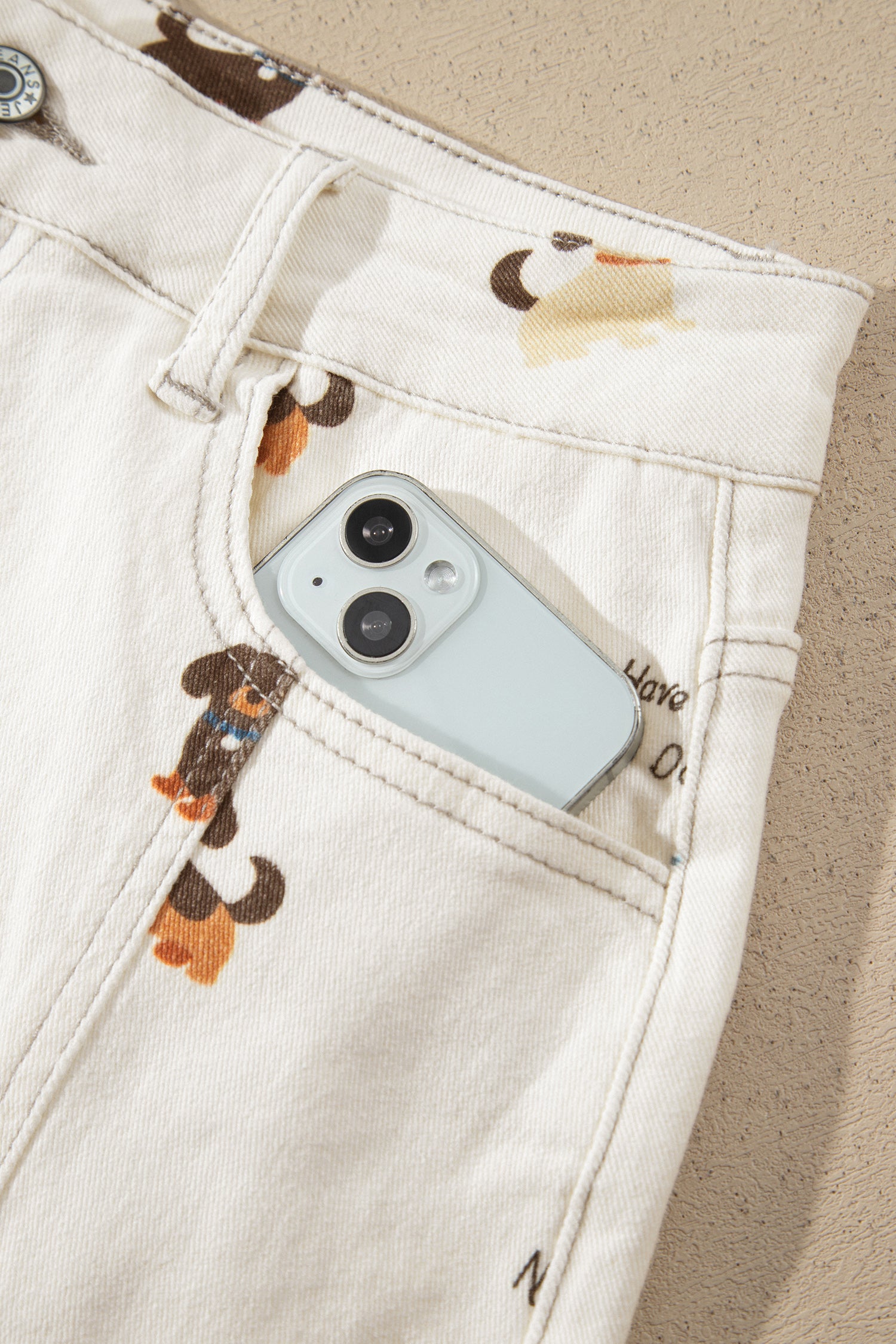 White Abstract Dog Print Wide Leg Full-Length Jeans-Bottoms/Jeans-[Adult]-[Female]-2022 Online Blue Zone Planet