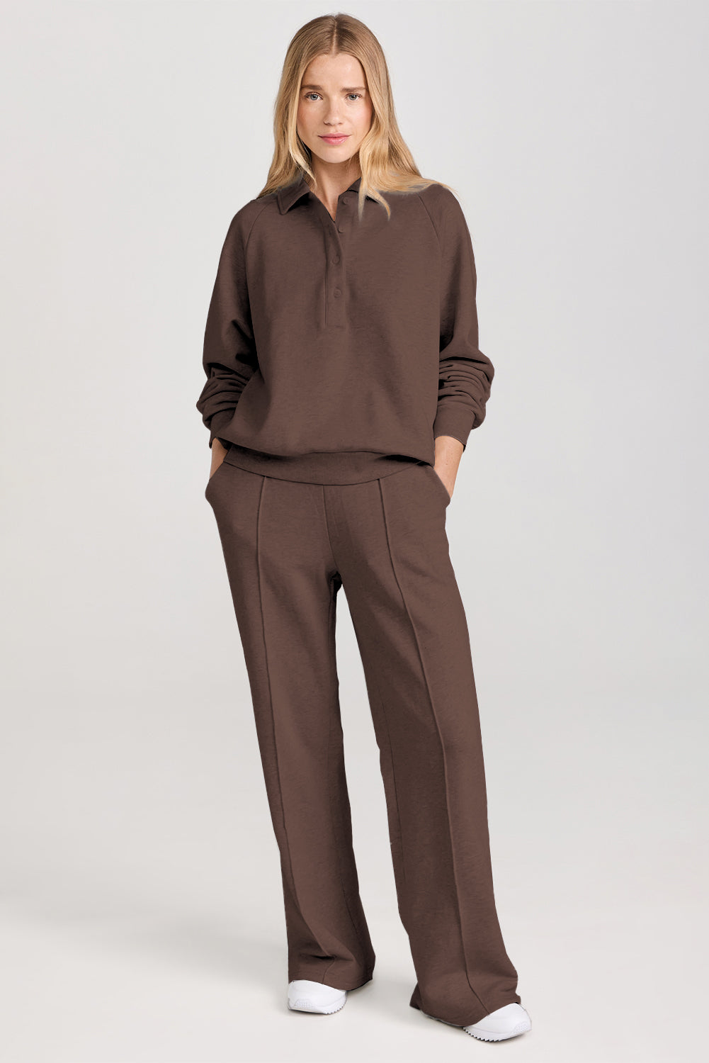 Dark Brown Solid Collared Sweatshirt and High Waist Pants Active Set-Activewear/Activewear Sets-[Adult]-[Female]-2022 Online Blue Zone Planet