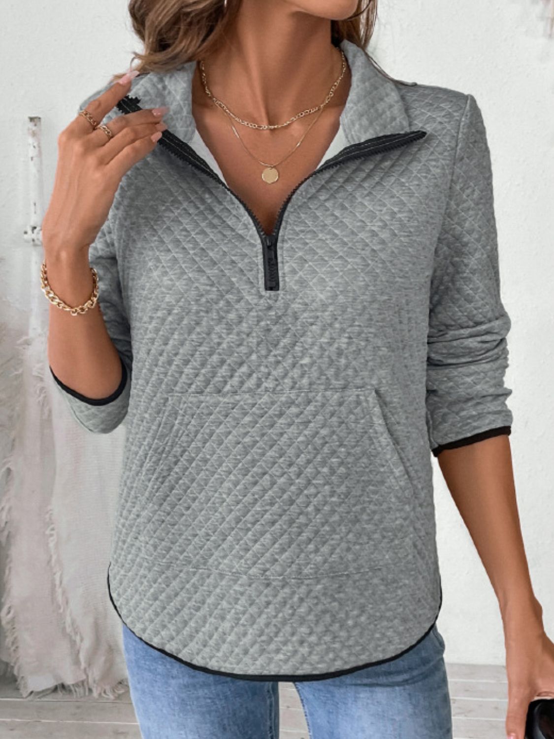 Perfee Texture Half Zip Long Sleeve Sweatshirt-TOPS / DRESSES-[Adult]-[Female]-2022 Online Blue Zone Planet