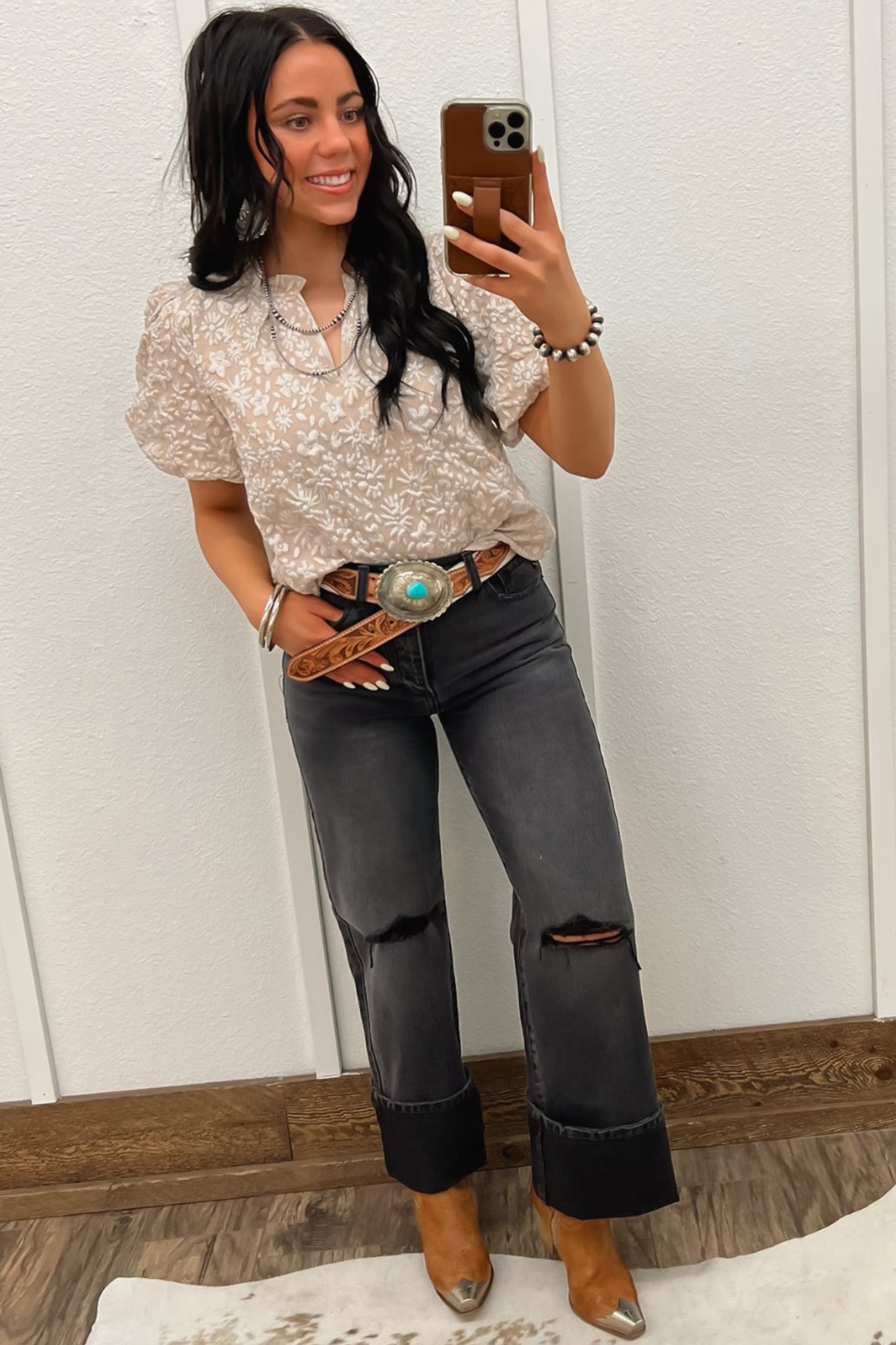 Iceland Blue Floral Textured Jacquard Puff Sleeve Blouse-Tops/Blouses & Shirts-[Adult]-[Female]-2022 Online Blue Zone Planet