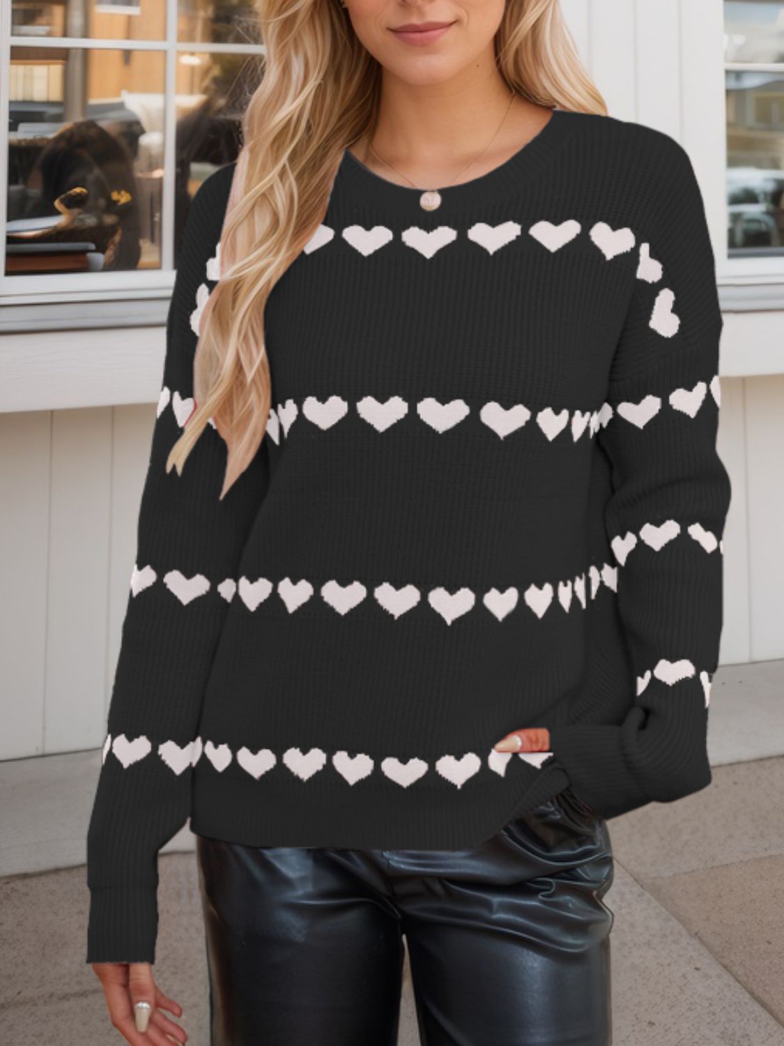 Heart Round Neck Long Sleeve Sweater-TOPS / DRESSES-[Adult]-[Female]-2022 Online Blue Zone Planet