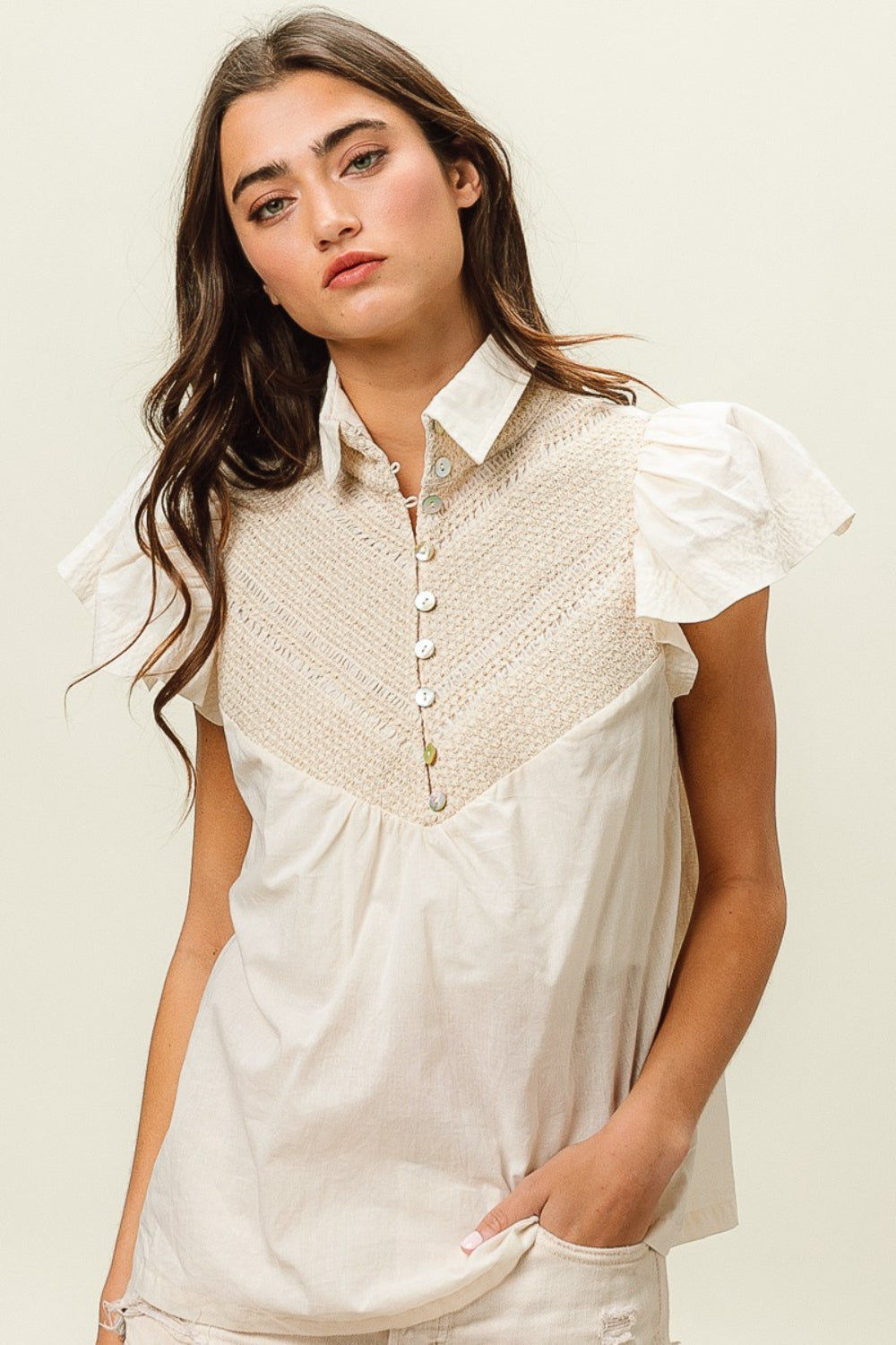 BiBi Half Button Collared Neck Short Sleeve Top-TOPS / DRESSES-[Adult]-[Female]-Ivory-S-2022 Online Blue Zone Planet