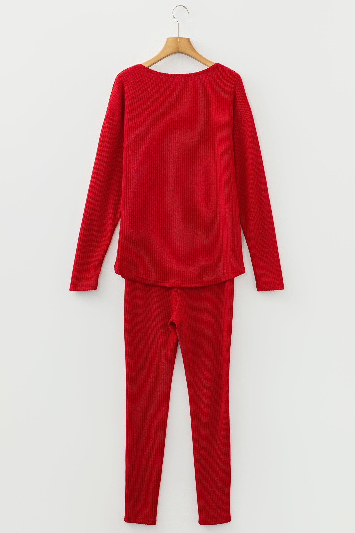 Grass Green Ribbed Notched Neck Knit Long Sleeve Leggings Two Pieces Lounge Set-Loungewear & Sleepwear/Loungewear-[Adult]-[Female]-2022 Online Blue Zone Planet