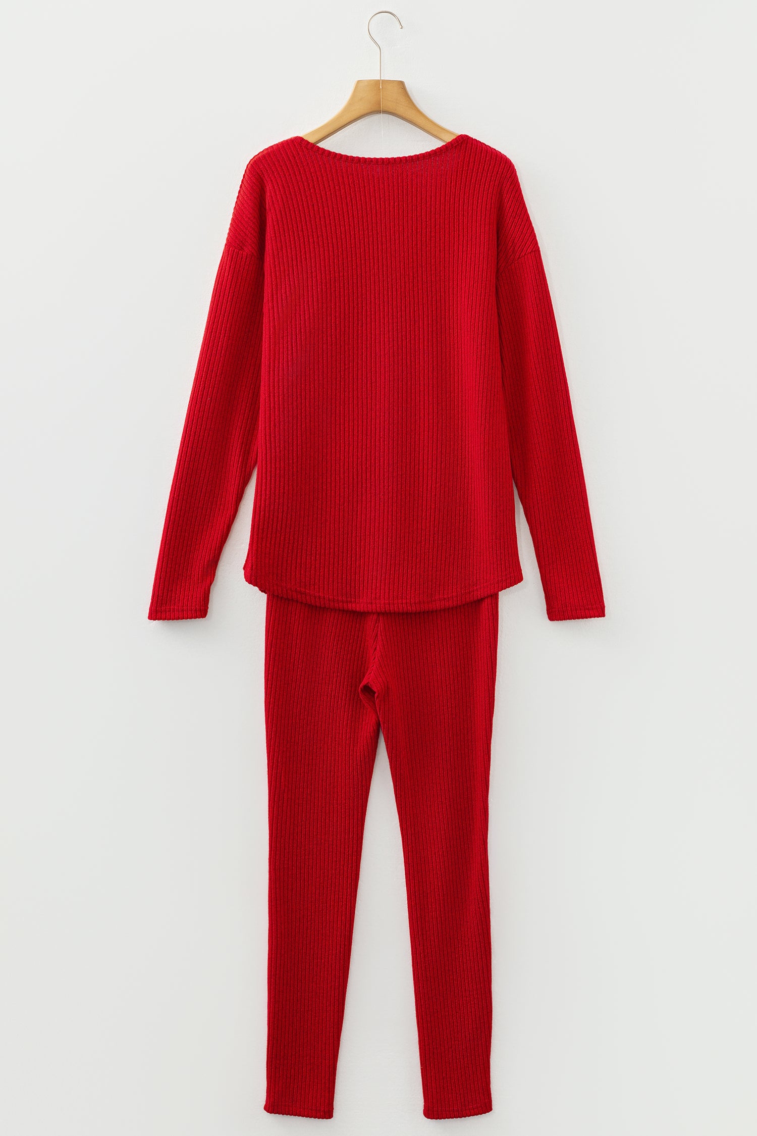 Grass Green Ribbed Notched Neck Knit Long Sleeve Leggings Two Pieces Lounge Set-Loungewear & Sleepwear/Loungewear-[Adult]-[Female]-2022 Online Blue Zone Planet