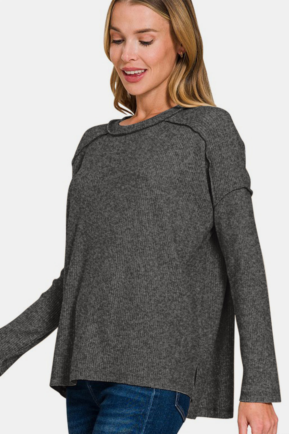 Zenana Full Size Exposed Seam Brushed Round Neck Sweater-TOPS / DRESSES-[Adult]-[Female]-2022 Online Blue Zone Planet