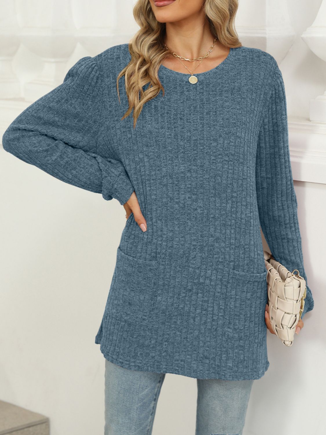 Pocketed Round Neck Long Sleeve T-Shirt-TOPS / DRESSES-[Adult]-[Female]-French Blue-S-2022 Online Blue Zone Planet