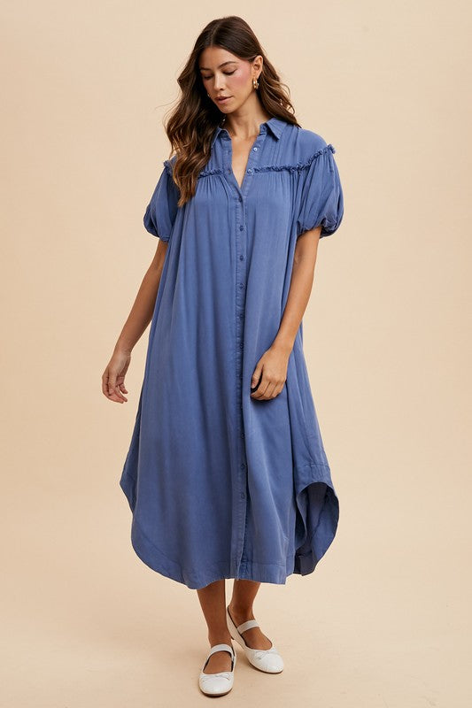 Annie Wear Mineral Washed Button Down Puff Sleeve Shirt Dress-TOPS / DRESSES-[Adult]-[Female]-Peacock Blue-S-2022 Online Blue Zone Planet