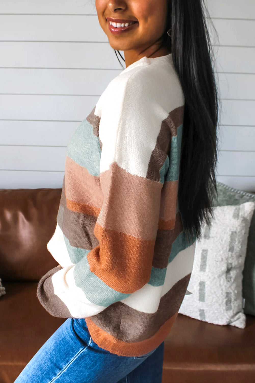 White Striped Color Block Knit Drop Shoulder Sweater-Sweaters & Cardigans/Sweaters-[Adult]-[Female]-2022 Online Blue Zone Planet
