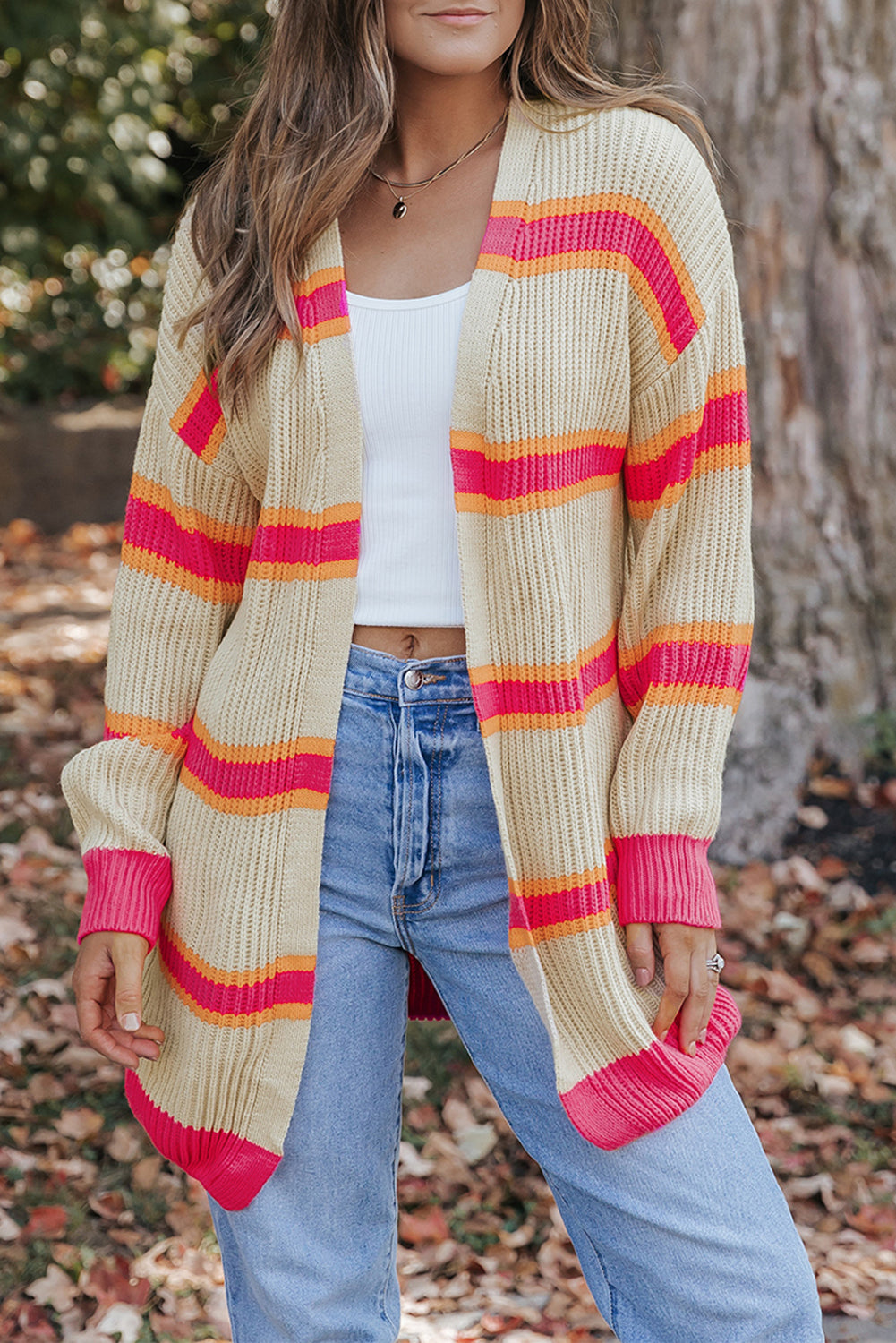 Stripe Printed Ribbed Long Knitted Cardigan-Sale (50% OFF)/30% OFF-[Adult]-[Female]-2022 Online Blue Zone Planet