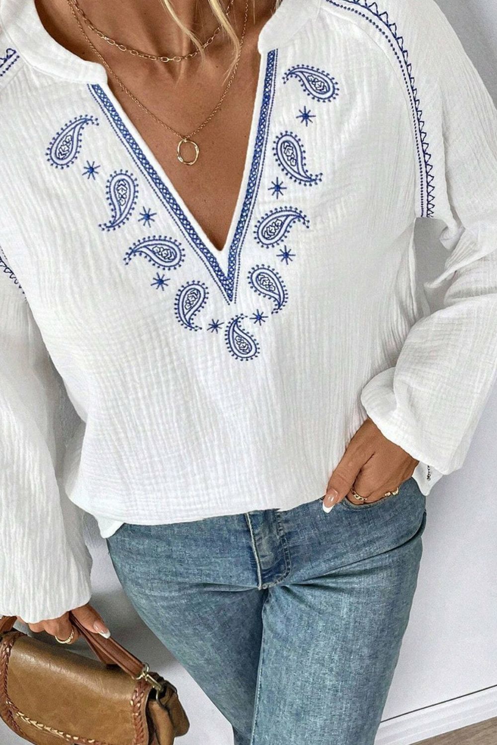 Embroidered Notched Long Sleeve Blouse-TOPS / DRESSES-[Adult]-[Female]-2022 Online Blue Zone Planet