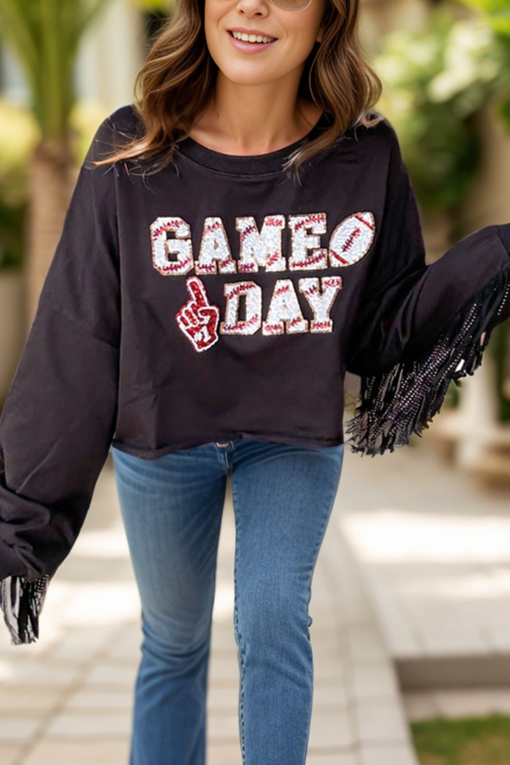 GAME DAY Fringe Long Sleeve Sweatshirt-TOPS / DRESSES-[Adult]-[Female]-Black-S-2022 Online Blue Zone Planet