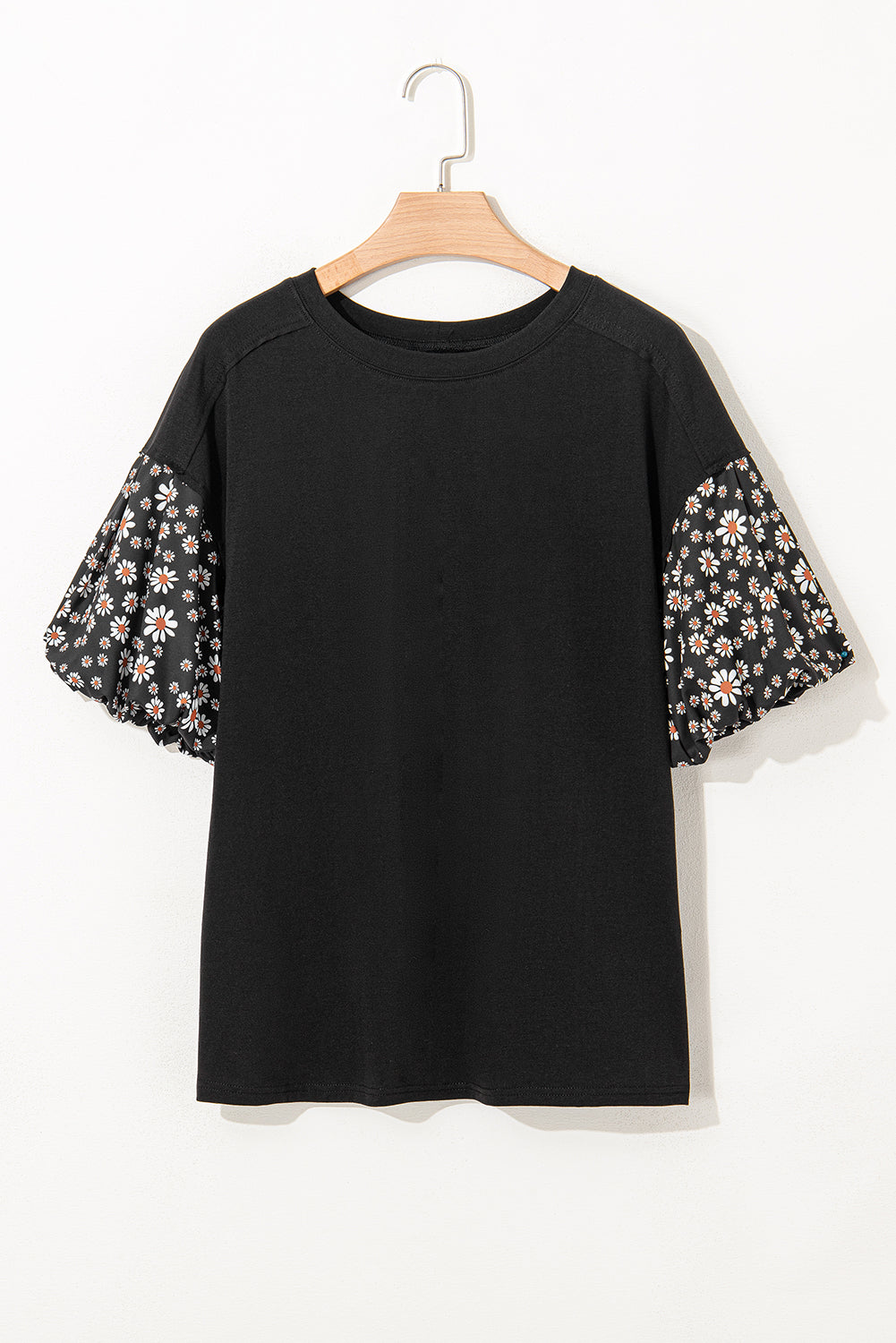 Black Contrast Floral Puff Sleeve Oversized Top-Tops/Tops & Tees-[Adult]-[Female]-2022 Online Blue Zone Planet