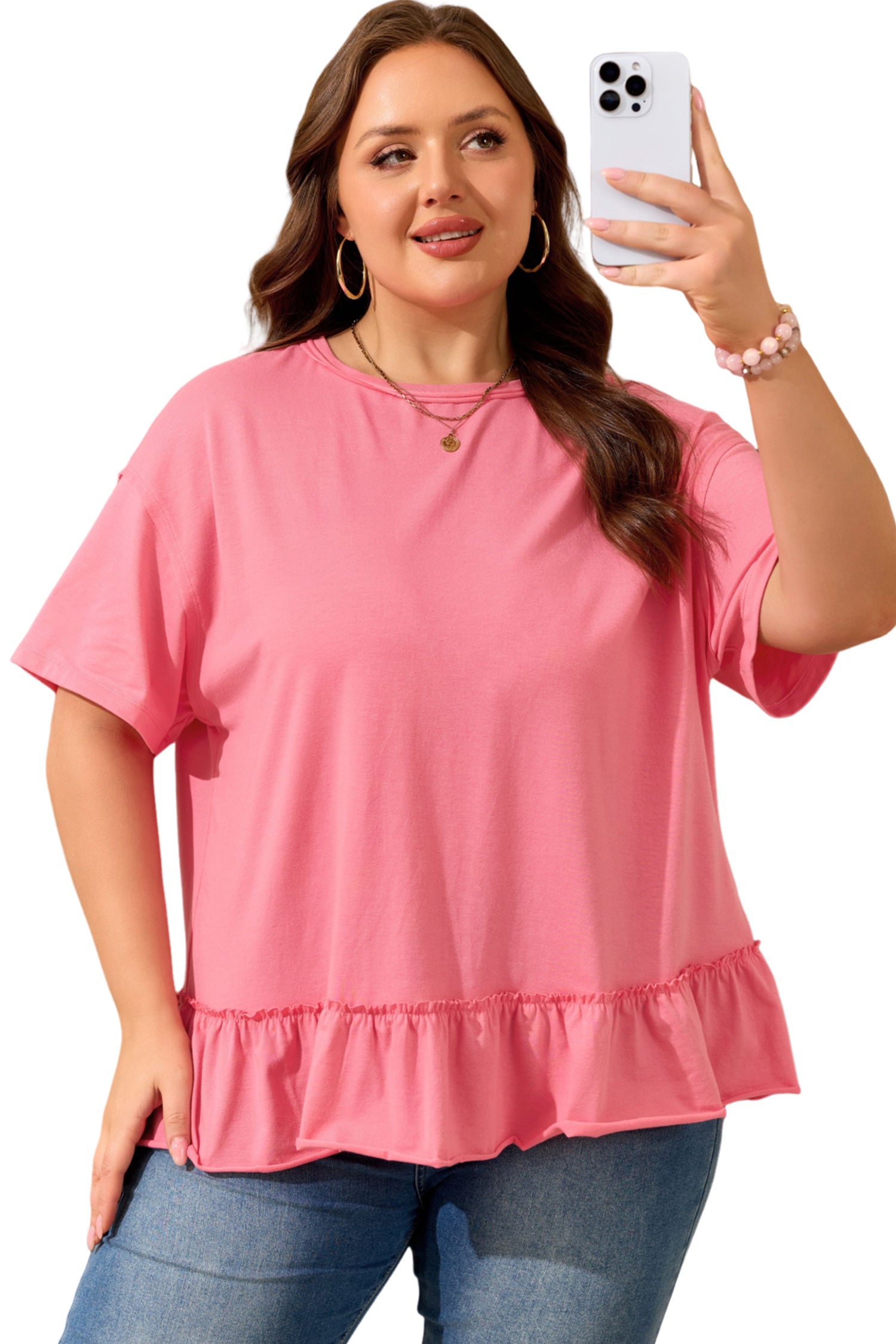 Peach Blossom Solid Color Raw Seam Detail Ruffle Hem Plus Size T Shirt-Plus Size/Plus Size Tops/Plus Size Tops & Tees-[Adult]-[Female]-2022 Online Blue Zone Planet