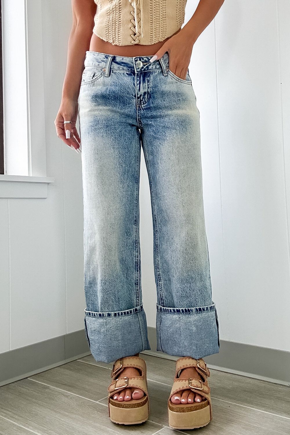 Blue Zone Planet | Washed Wide Leg Jeans with Pockets-BOTTOM SIZES SMALL MEDIUM LARGE-[Adult]-[Female]-2022 Online Blue Zone Planet