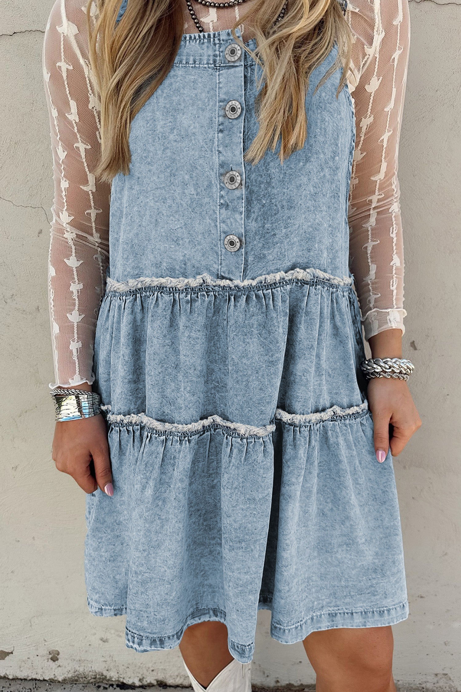 Dusk Blue Light Wash Tiered Flowy Overall Denim Dress-TOPS / DRESSES-[Adult]-[Female]-2022 Online Blue Zone Planet