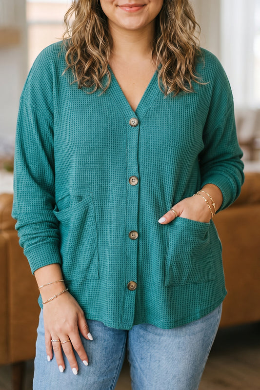 Lapis V Neck Waffle Textured Button Front Tunic Long Sleeve Plus Size Cardigan-Plus Size/Plus Size Outerwear-[Adult]-[Female]-Lapis-1X-2022 Online Blue Zone Planet