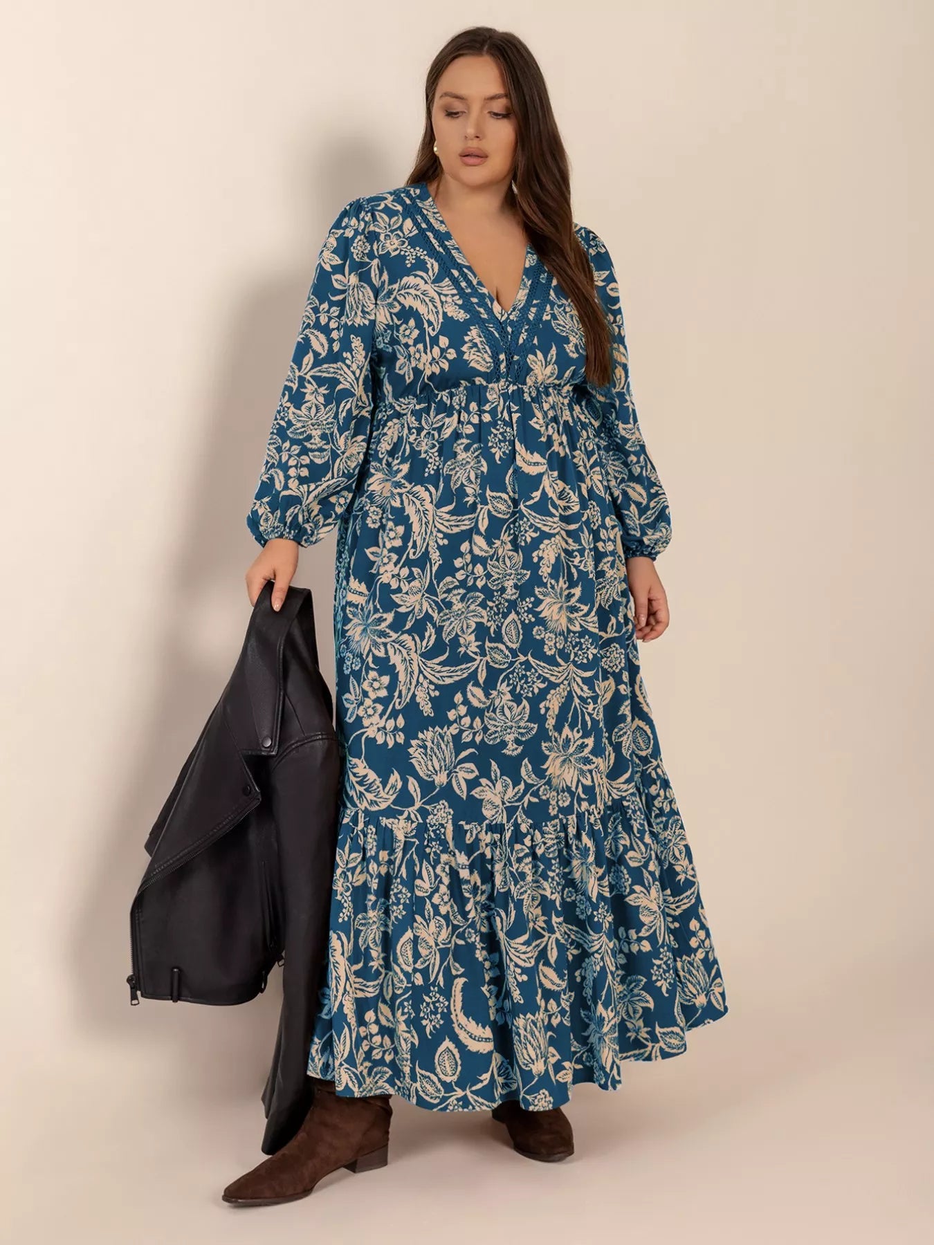 Plus Size Boho Floral Print Long Sleeve Maxi Dress Blue Zone Planet Plus Size Boho Floral Print Long Sleeve Maxi Dress Blue Zone Planet