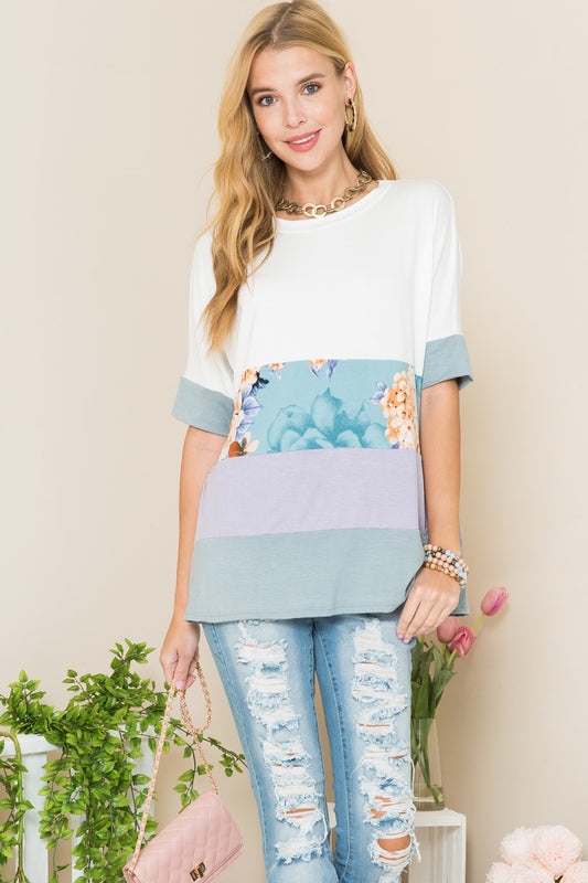 Celeste Full Size Contrast Color Block Round Neck T-Shirt-TOPS / DRESSES-[Adult]-[Female]-Ivory/Lilac-S-2022 Online Blue Zone Planet