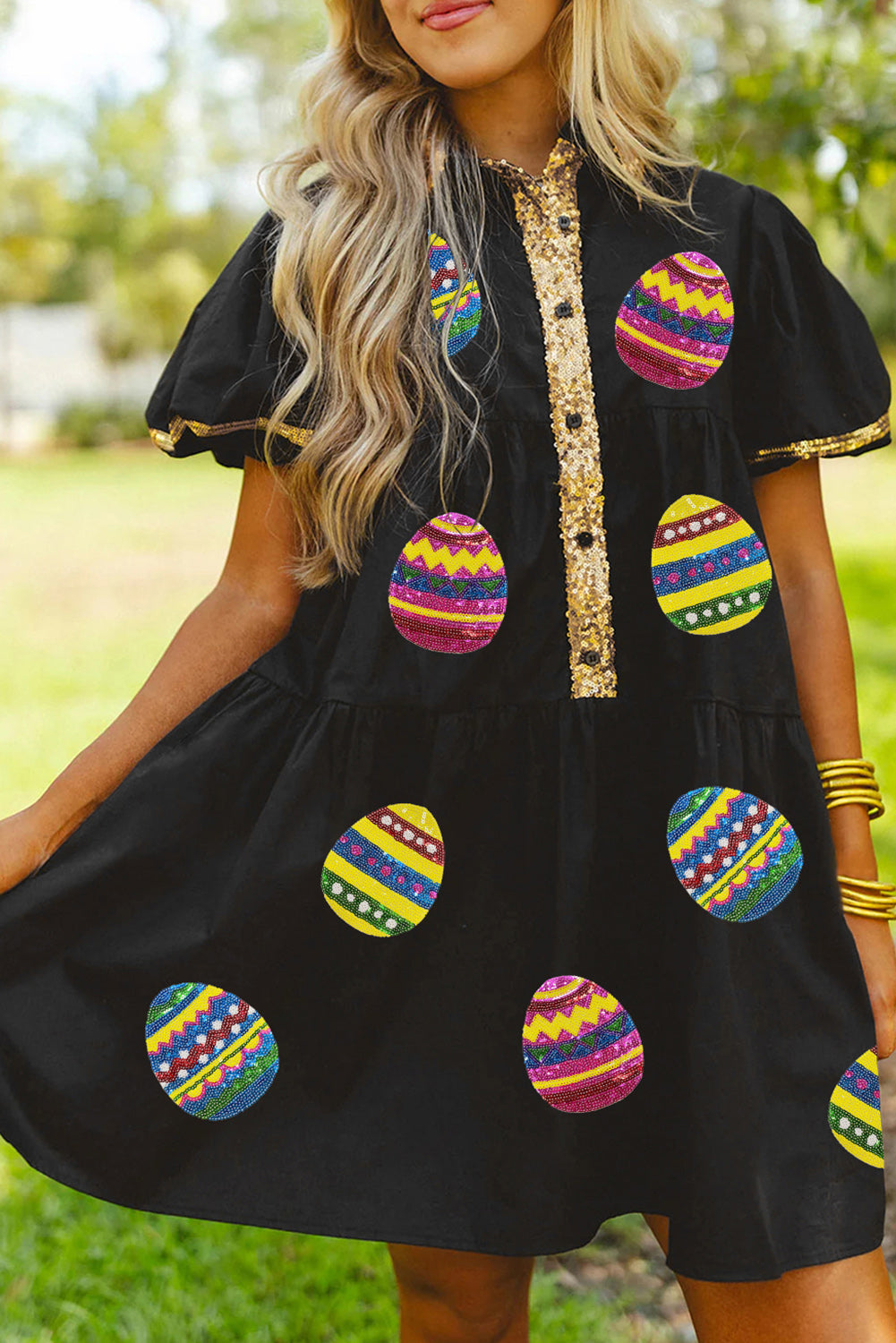 Black Glistening Easter Egg Sequin Trim Half Button Puff Sleeve Dress-Graphic/Graphic Dresses-[Adult]-[Female]-Black-S-2022 Online Blue Zone Planet