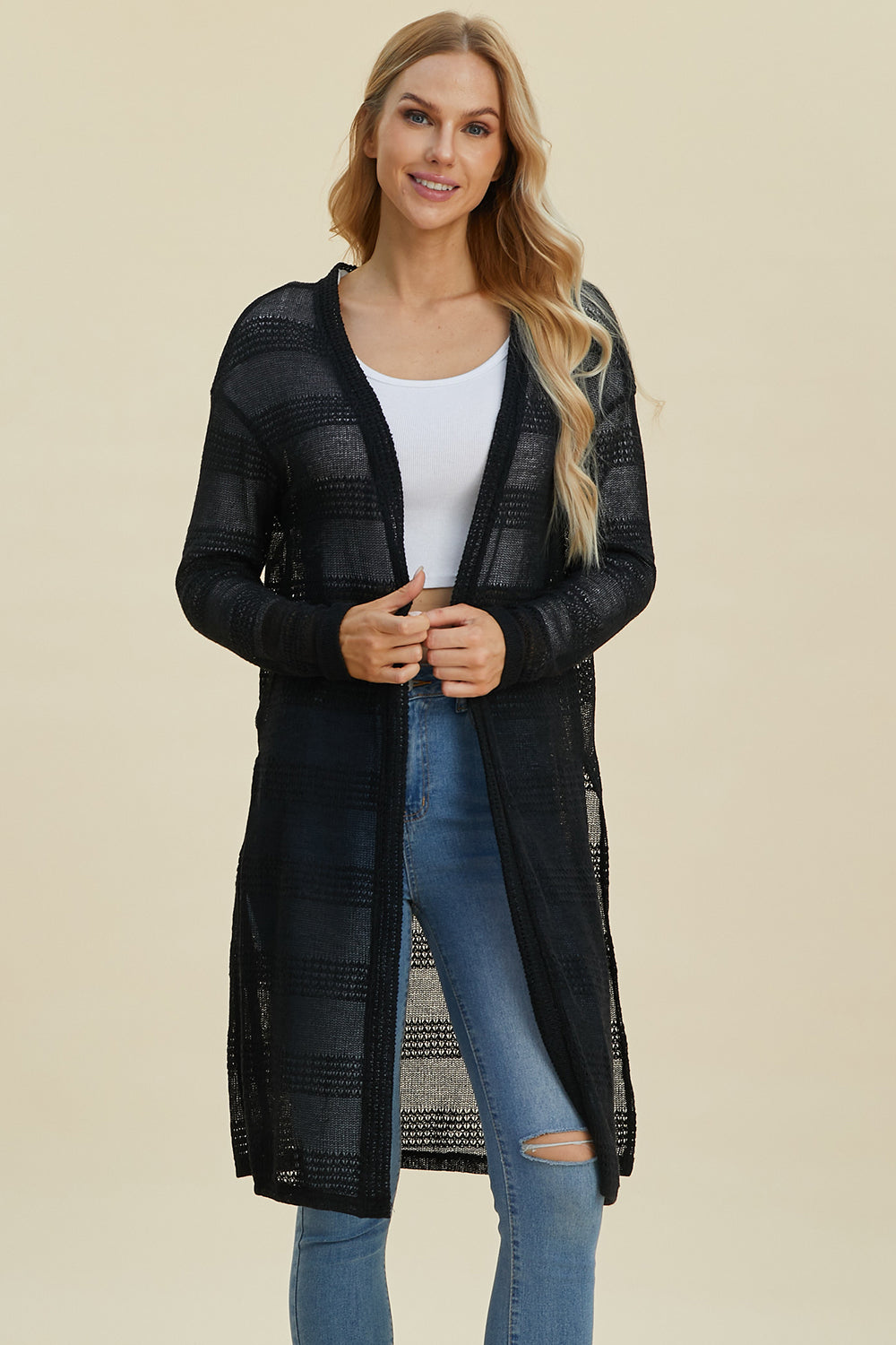 Blue Zone Planet | Double Take Full Size Open Front Longline Cardigan-TOPS / DRESSES-[Adult]-[Female]-Black-S-2022 Online Blue Zone Planet