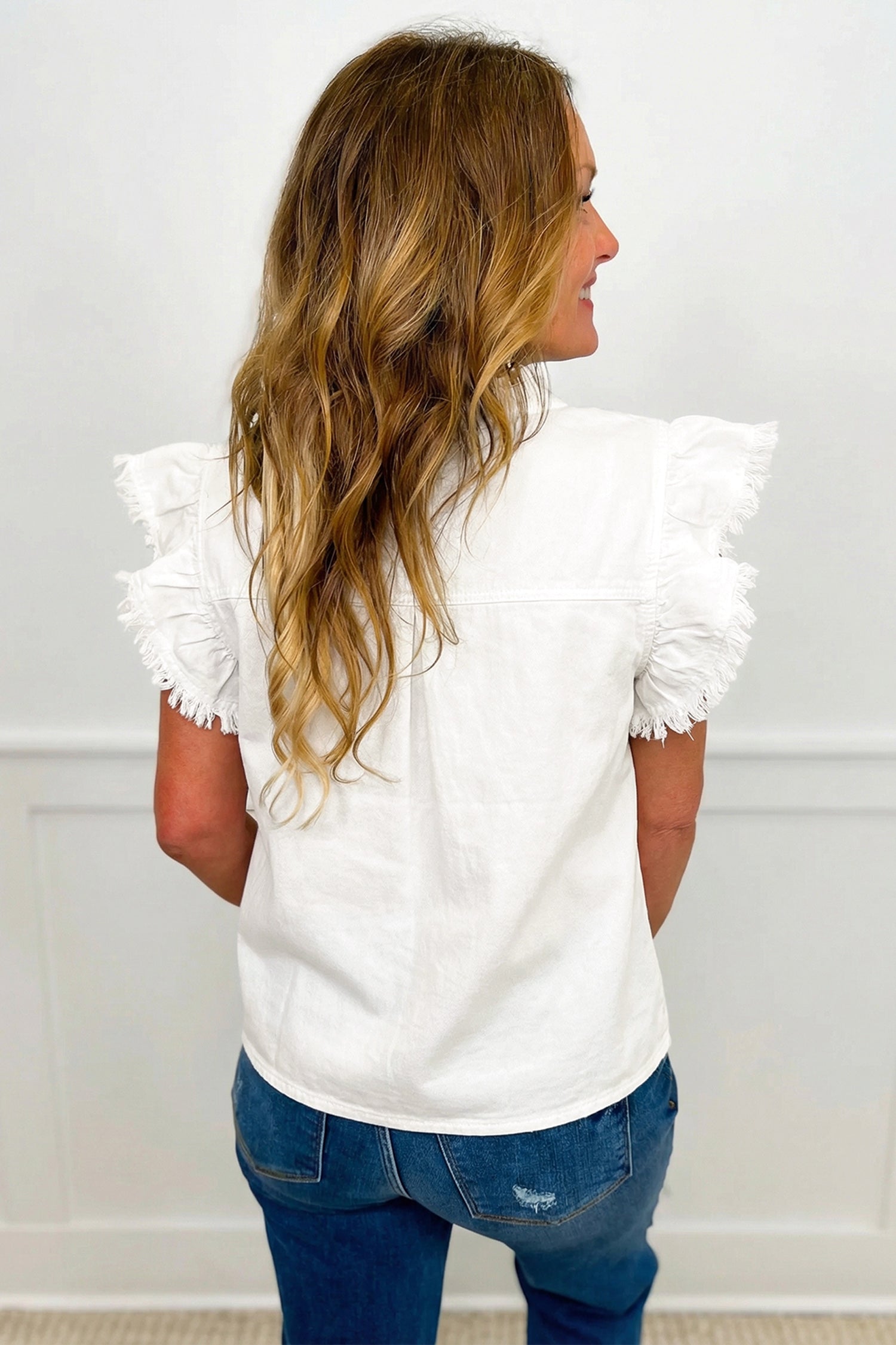 Blue Frilled Collar Flutter Sleeve Denim Top-Tops/Tops & Tees-[Adult]-[Female]-2022 Online Blue Zone Planet