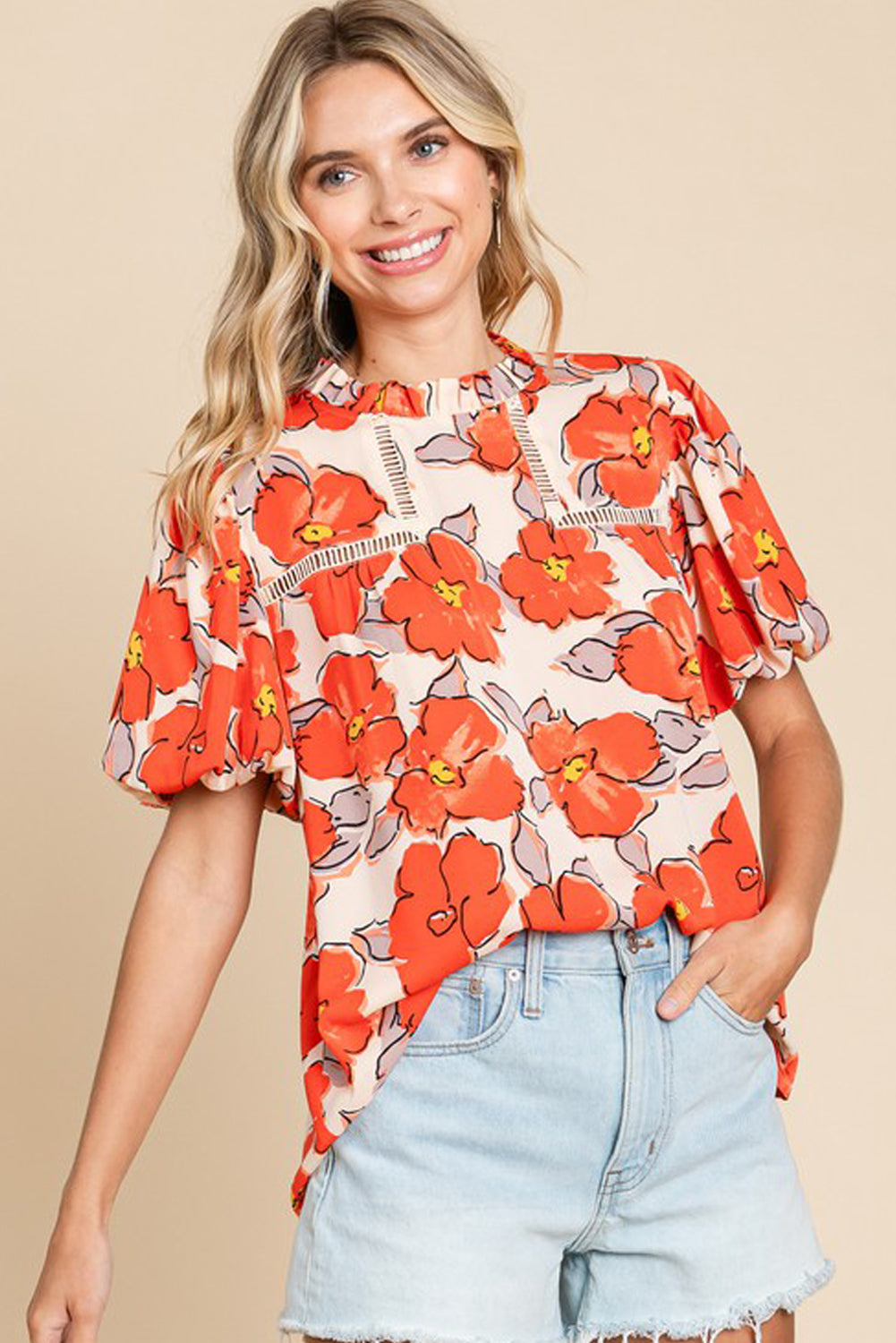Orange Floral Bubble Sleeve Frill Neck Loose Blouse-Tops/Blouses & Shirts-[Adult]-[Female]-2022 Online Blue Zone Planet