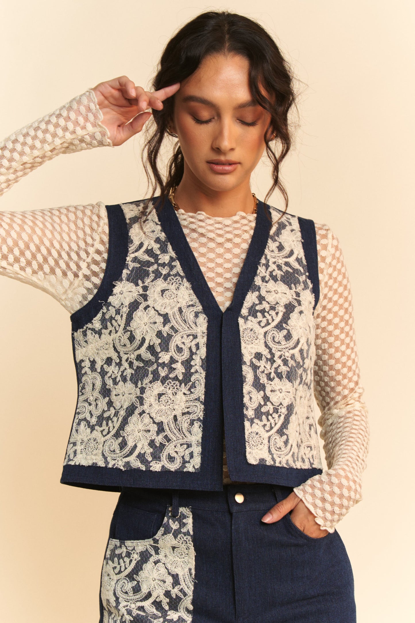 Davi & Dani Lace Patch Open Front Denim Vest-TOPS / DRESSES-[Adult]-[Female]-2022 Online Blue Zone Planet