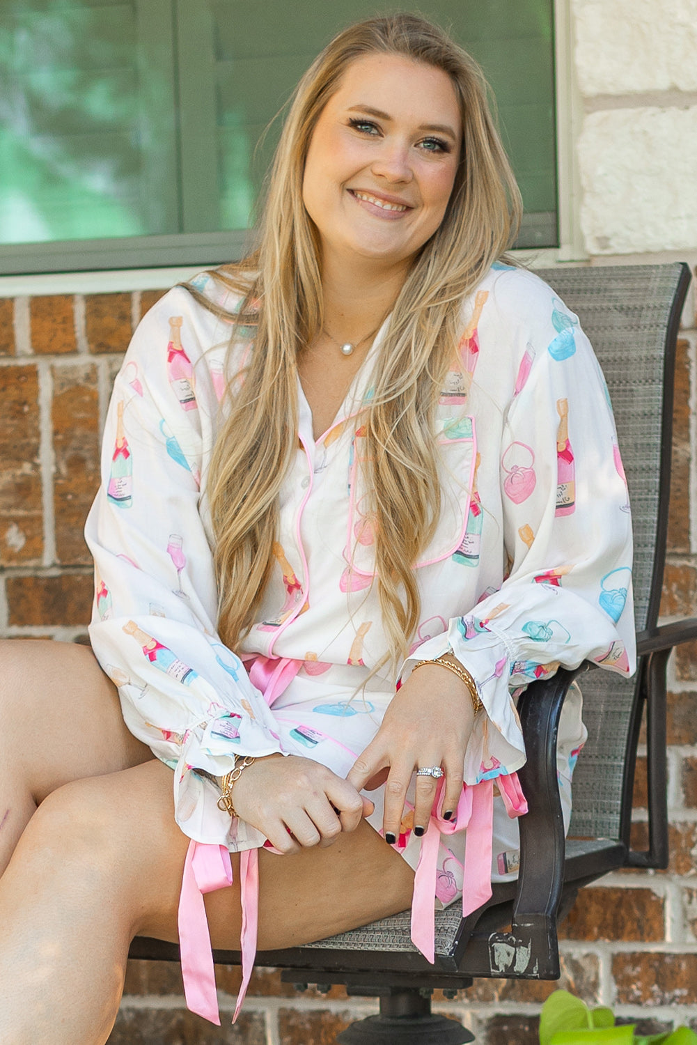 White Wine Glass Print Ribbon Bow Decor Plus Size Pajama Set-Plus Size Matching Sets-[Adult]-[Female]-2022 Online Blue Zone Planet