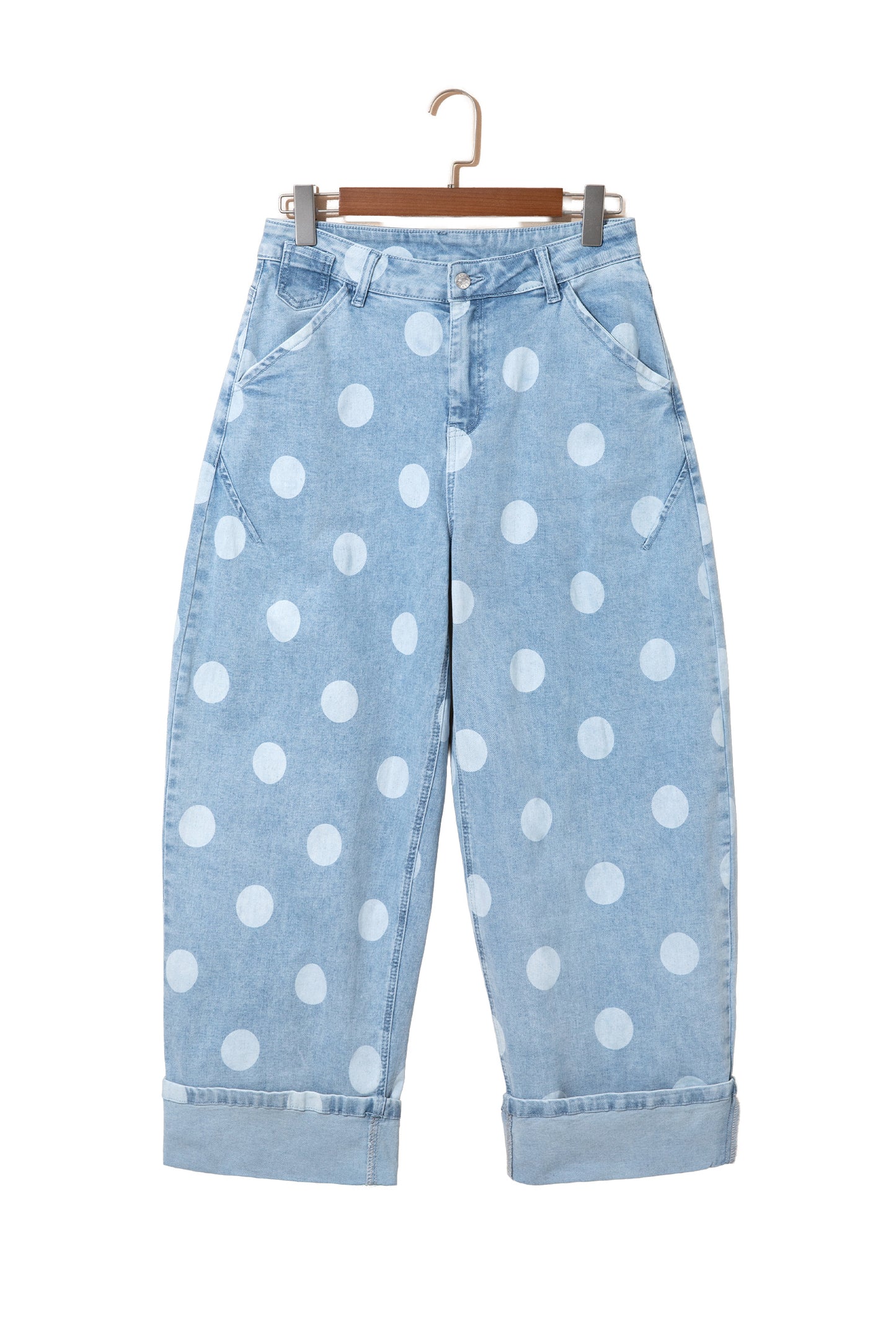 Sky Blue Polka Dot Ankle-Length Metal Button Casual Jeans-Bottoms/Jeans-[Adult]-[Female]-2022 Online Blue Zone Planet