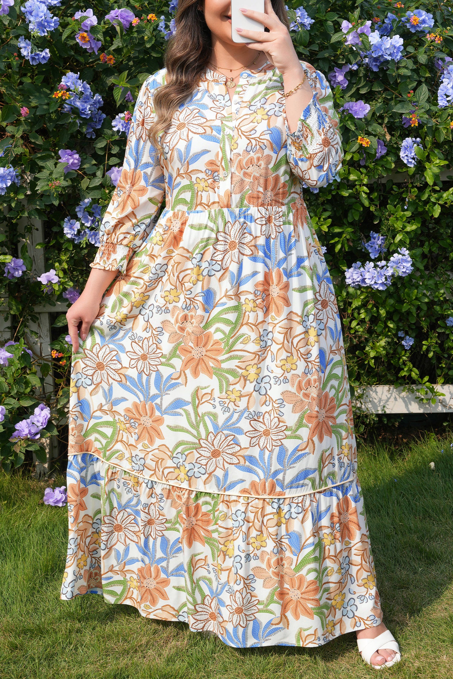Khaki Floral Print 3/4 Sleeves Tiered Plus Size Long Dress-TOPS / DRESSES-[Adult]-[Female]-2022 Online Blue Zone Planet
