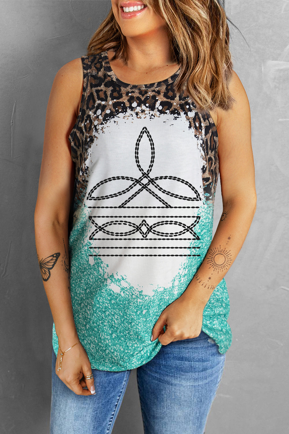 Blue Zone Planet | Leopard Geometric Round Neck Tank-TOPS / DRESSES-[Adult]-[Female]-Turquoise-S-2022 Online Blue Zone Planet