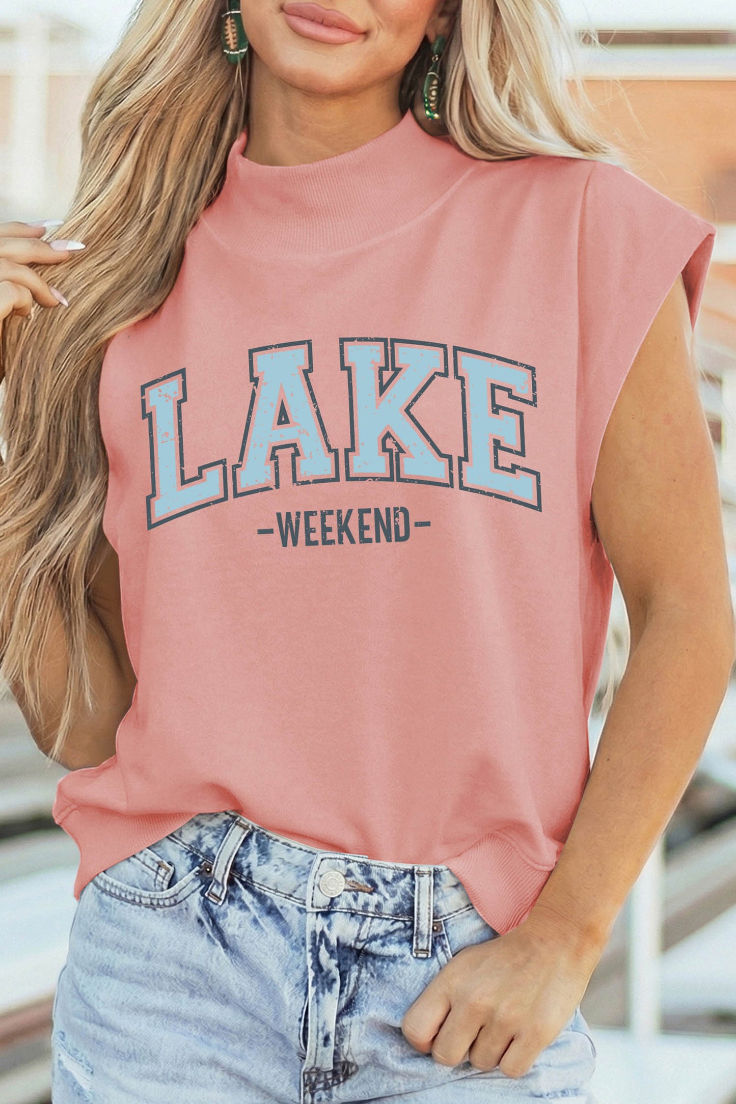 Pink Lake Weekend Graphic High Neck Short Sleeve Top-Graphic/Graphic Tees-[Adult]-[Female]-2022 Online Blue Zone Planet