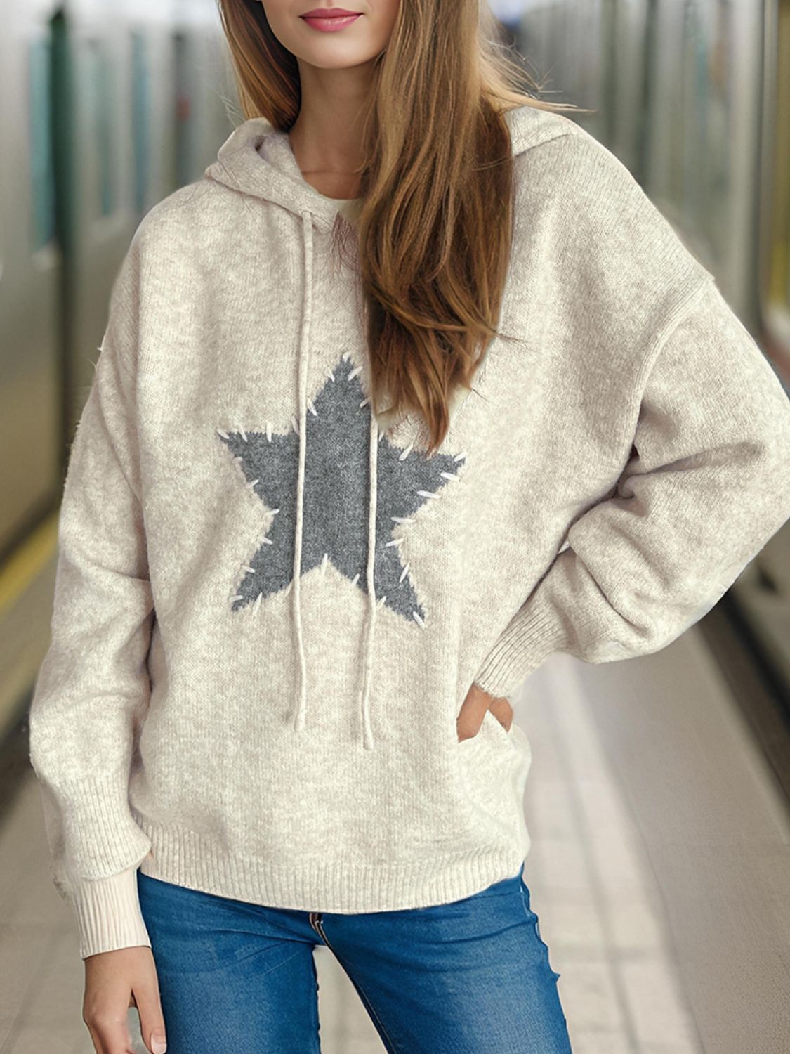 Drawstring Star Long Sleeve Hooded Sweater-TOPS / DRESSES-[Adult]-[Female]-Beige-One Size-2022 Online Blue Zone Planet