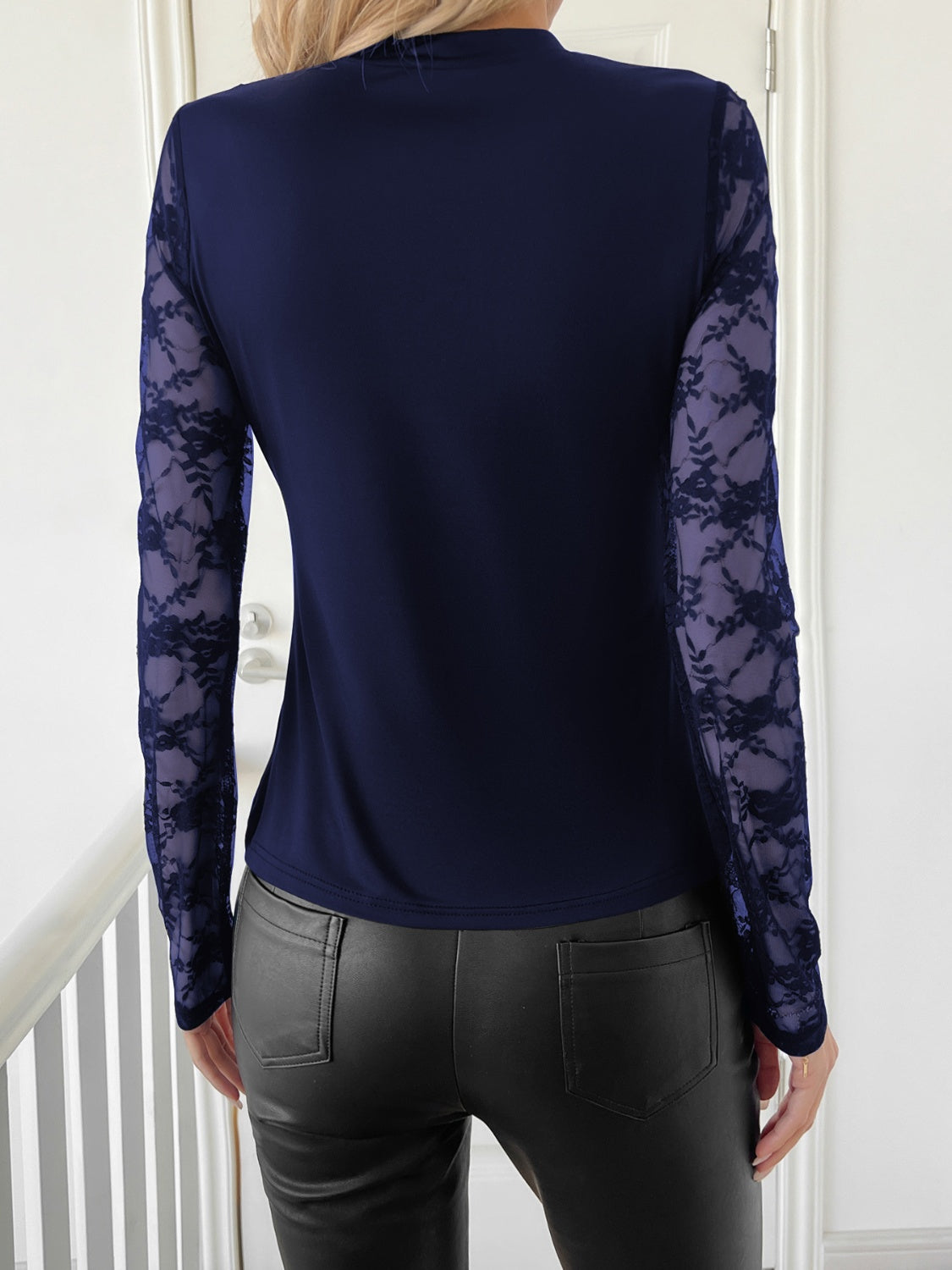 Lace Patchwork Mock Neck Long Sleeve Top-TOPS / DRESSES-[Adult]-[Female]-2022 Online Blue Zone Planet