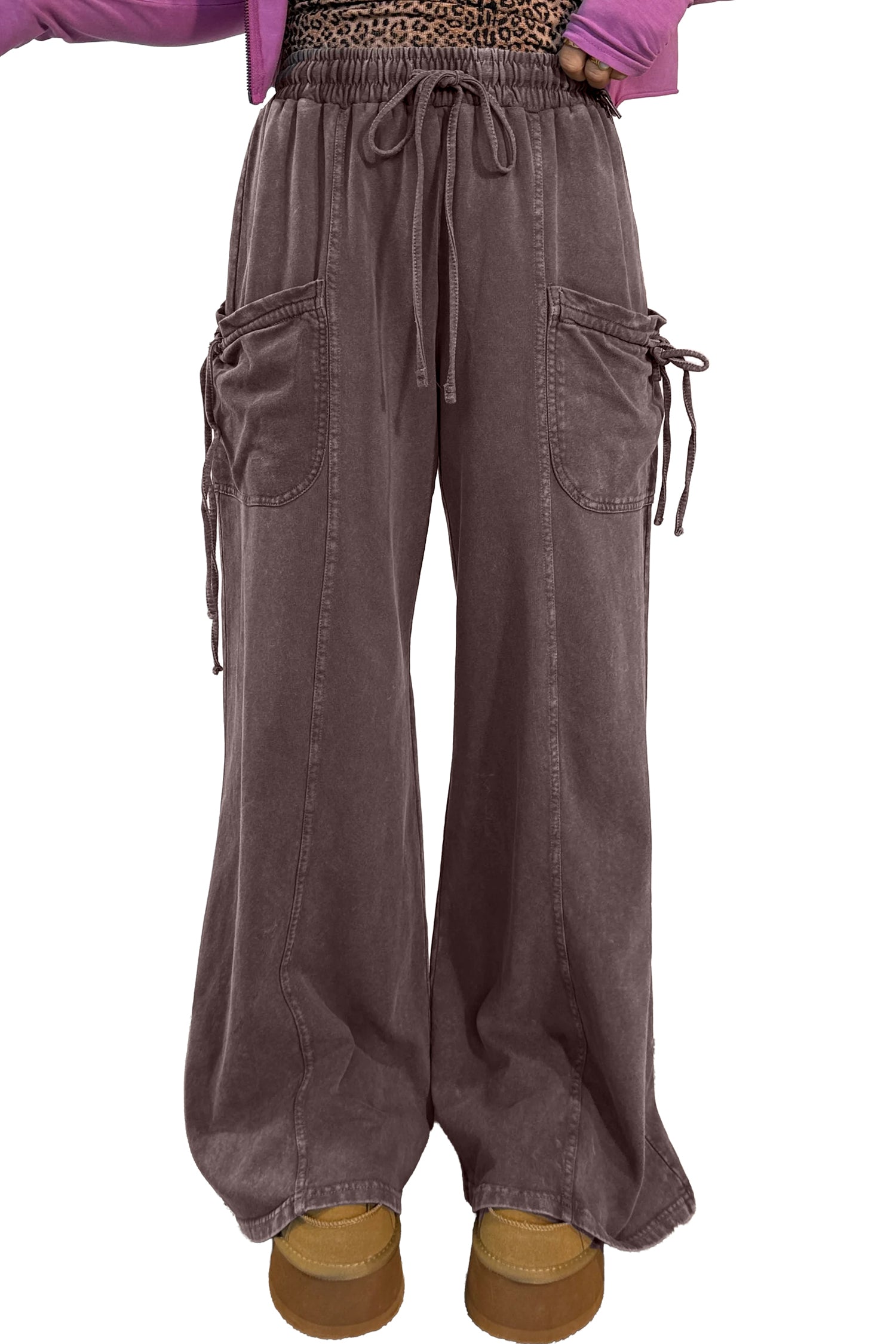 Dark Brown Cotton Mineral Wash Elastic Waist Drawstring Tie Detail Cargo Pants-Bottoms/Pants & Culotte-[Adult]-[Female]-2022 Online Blue Zone Planet