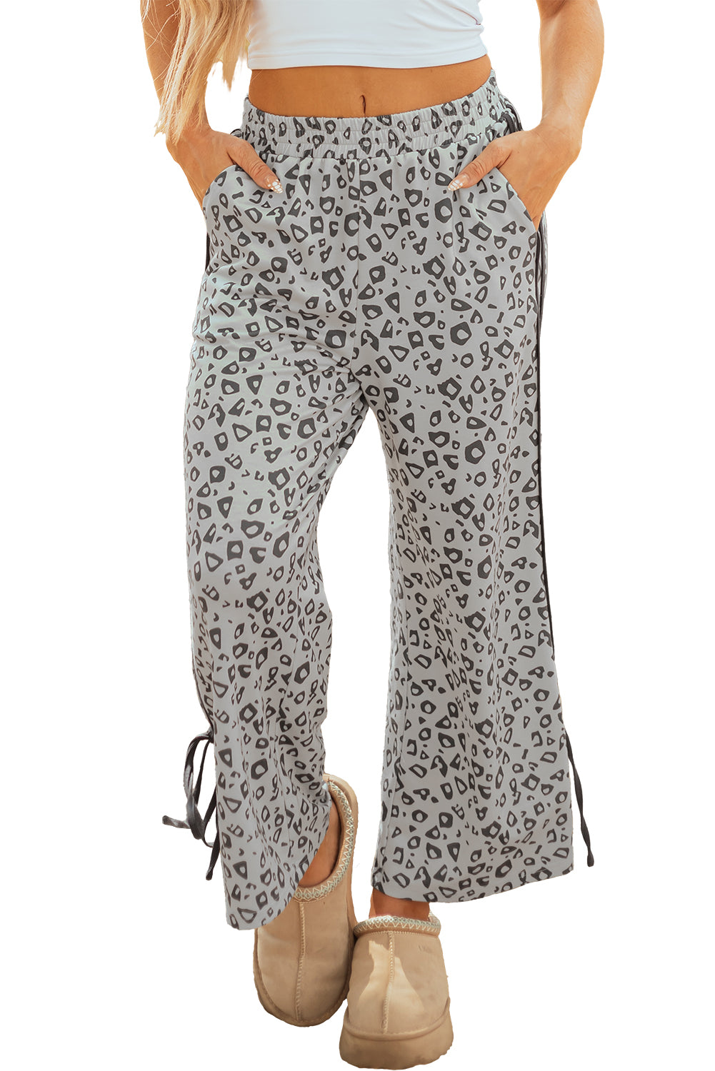Khaki Leopard High Waist Side Bow Straight Leg-Bottoms/Pants & Culotte-[Adult]-[Female]-2022 Online Blue Zone Planet