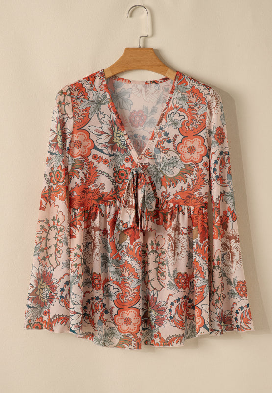 Floral V-Neck Flare Sleeve Blouse-TOPS / DRESSES-[Adult]-[Female]-2022 Online Blue Zone Planet