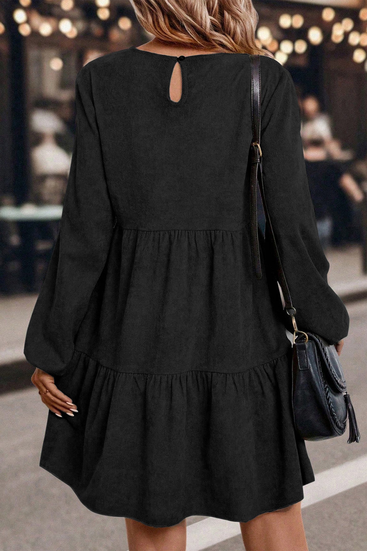 Black Lantern Sleeve Tiered Mini Dress-TOPS / DRESSES-[Adult]-[Female]-2022 Online Blue Zone Planet