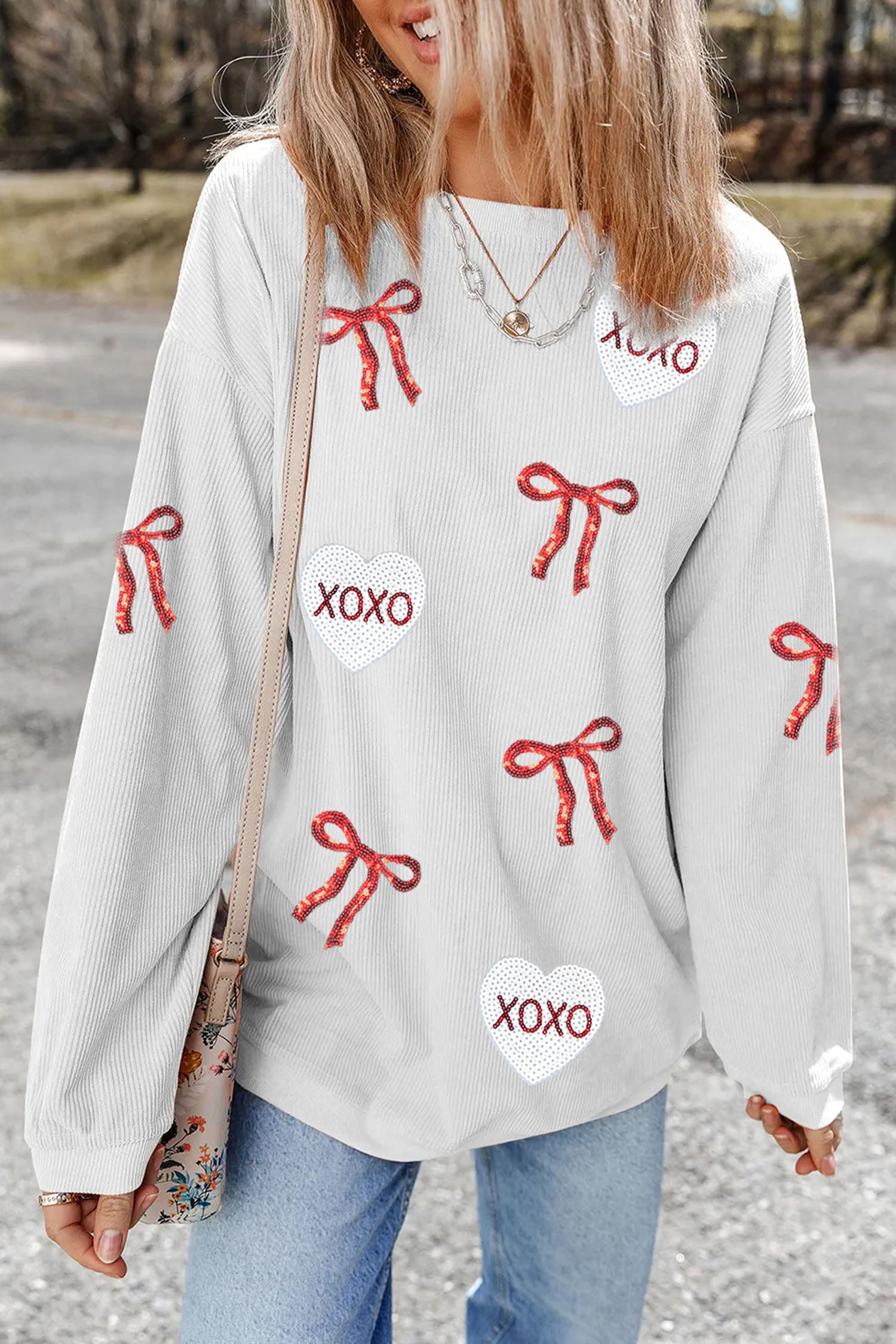 White Sequin Ribbon Bow XOXO Heart Patched Corded Rib Pullover Sweatshirt-Graphic Sweatshirts-[Adult]-[Female]-2022 Online Blue Zone Planet