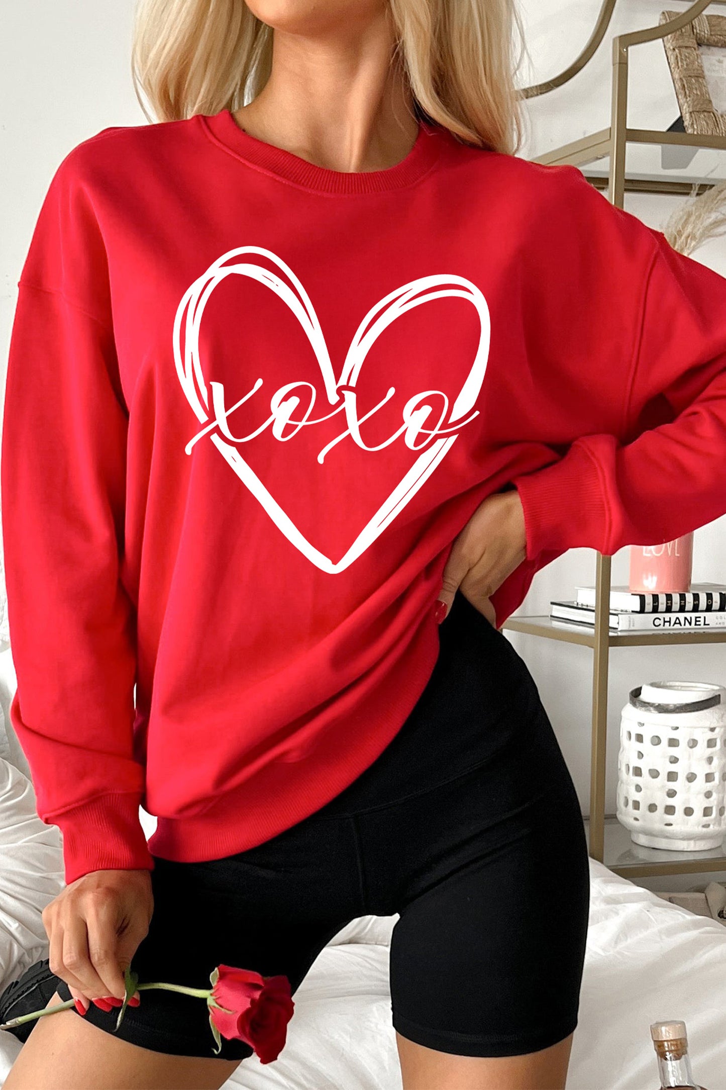 Red xoxo Valentines Heart Sketch Printed Pullover Sweatshirt-Graphic Sweatshirts-[Adult]-[Female]-2022 Online Blue Zone Planet