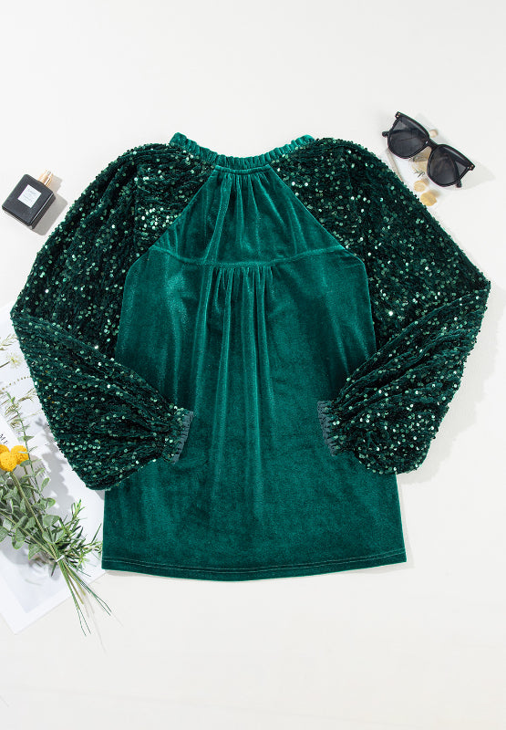 Sequin Notched Long Sleeve Blouse-TOPS / DRESSES-[Adult]-[Female]-2022 Online Blue Zone Planet