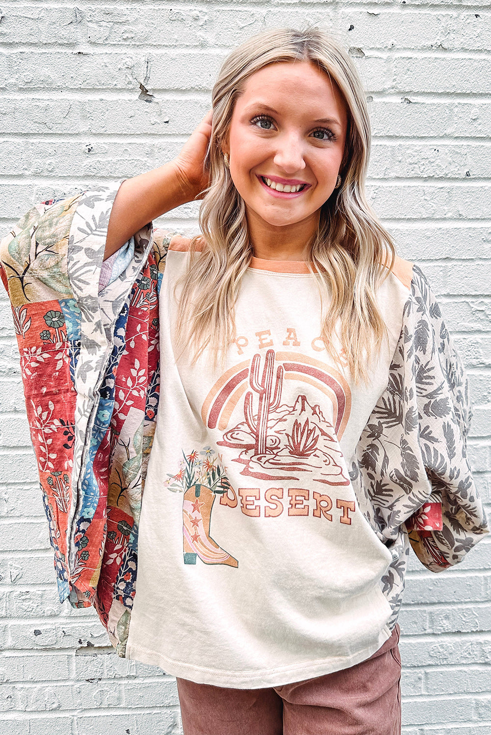 Multicolour Asymmetric Printed Patchwork Sleeve Peace Desert Graphic Top