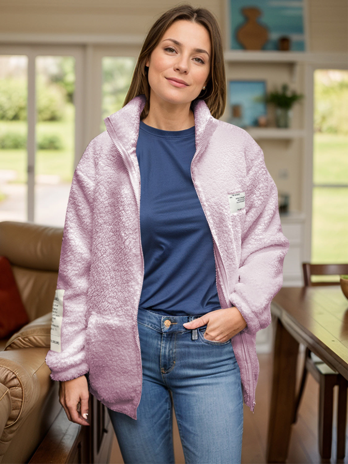 Full Size Turtleneck Zip Up Long Sleeve Sherpa Jacket-TOPS / DRESSES-[Adult]-[Female]-Pink-S-2022 Online Blue Zone Planet