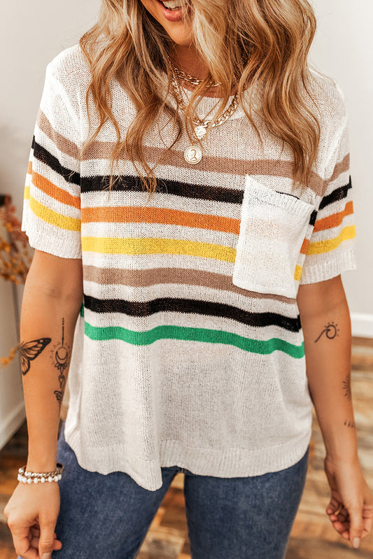 White Striped Pocketed Loose Fit Crewneck Knitted T Shirt-Sweaters & Cardigans/Short Sleeve Sweaters-[Adult]-[Female]-White-S-2022 Online Blue Zone Planet