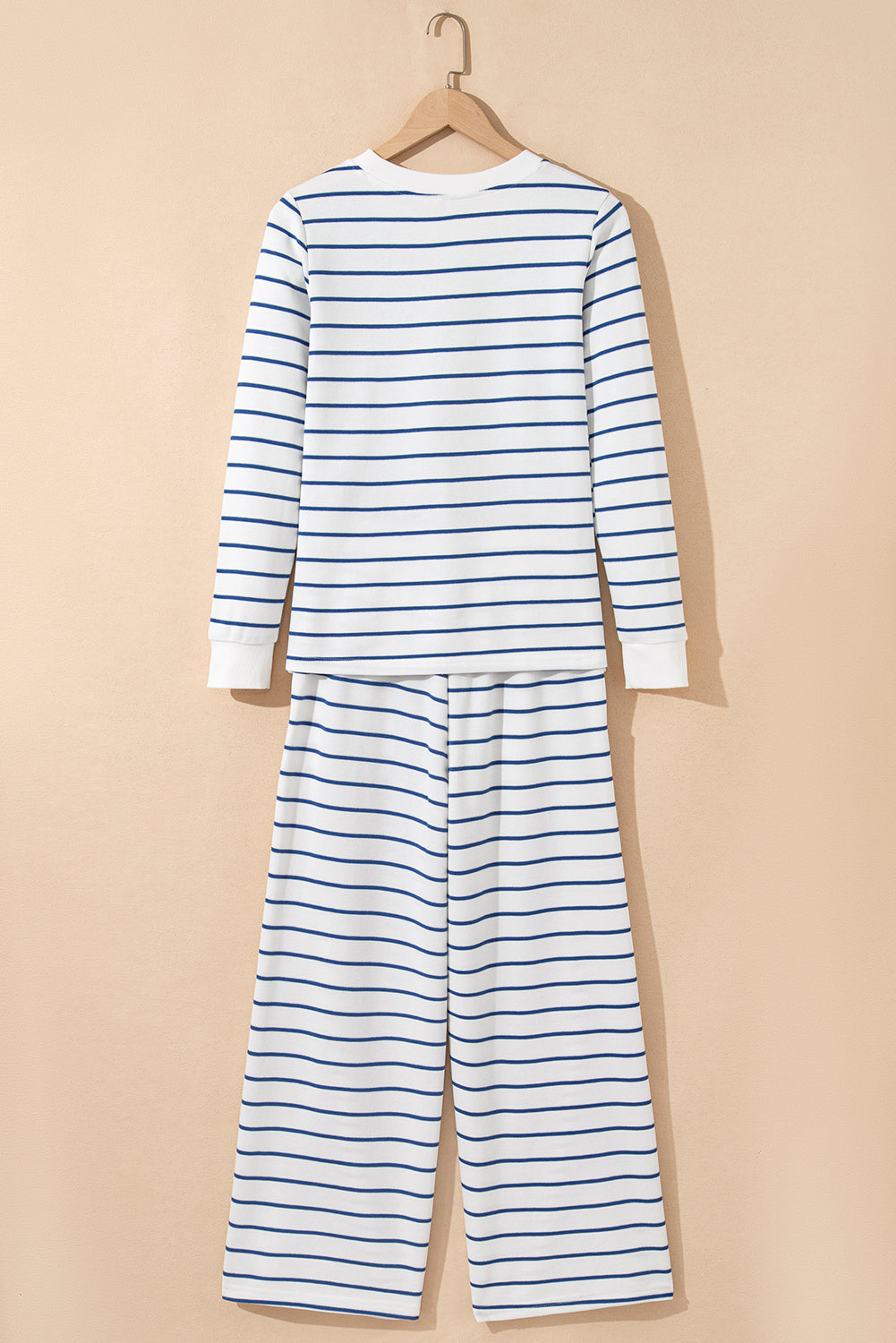 Sail Blue Striped Long Sleeve Top Drawstring Wide Leg Pants 2pcs Outfit-Two Piece Sets/Pant Sets-[Adult]-[Female]-2022 Online Blue Zone Planet